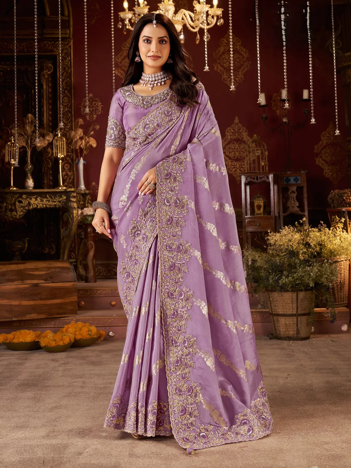 Tarani lavender fancy saree with zari embroidery and blouse perfect for wedding and festive wear