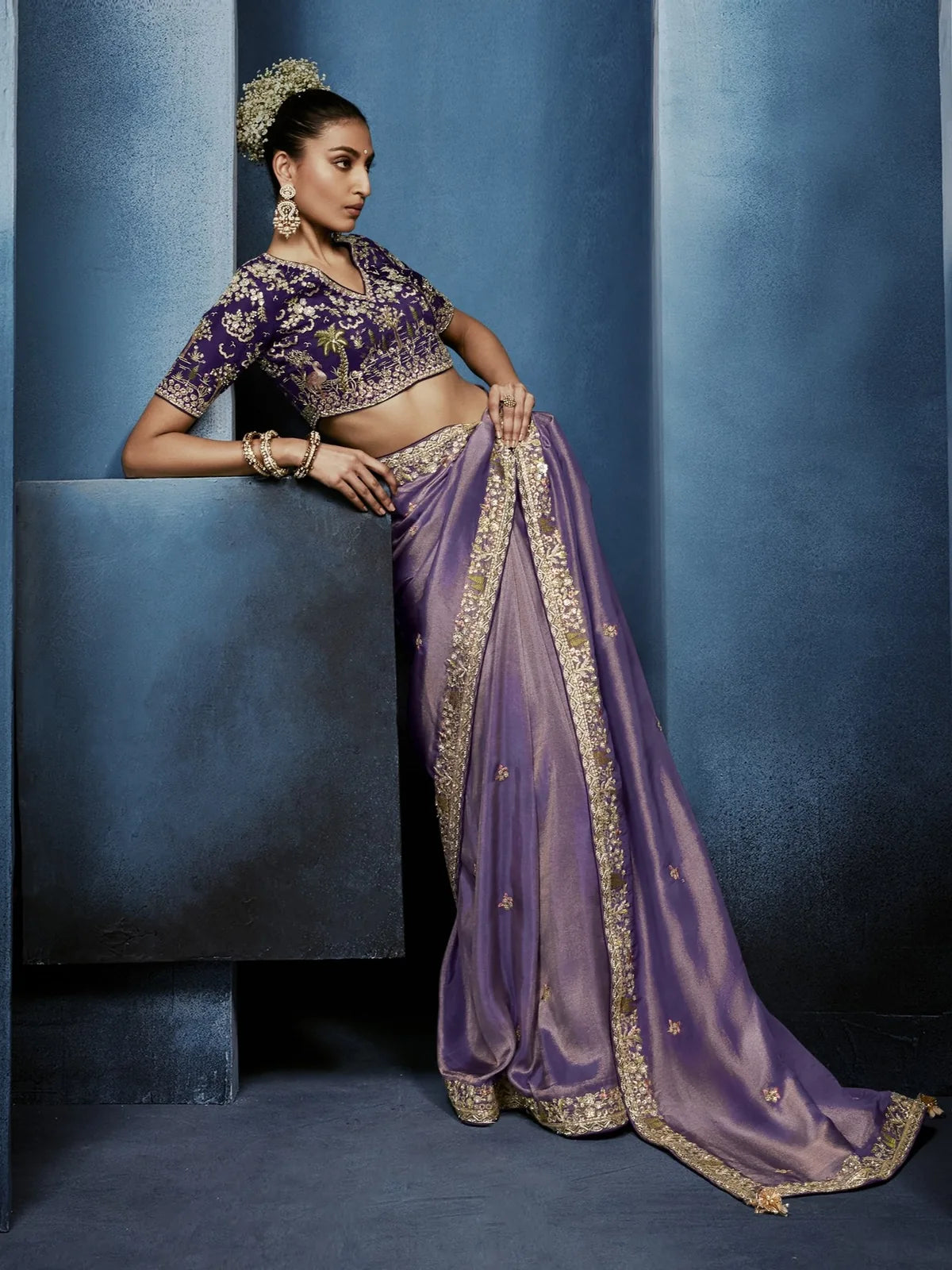 Tarani lavender fancy saree side view with designer embroidered blouse and graceful drape