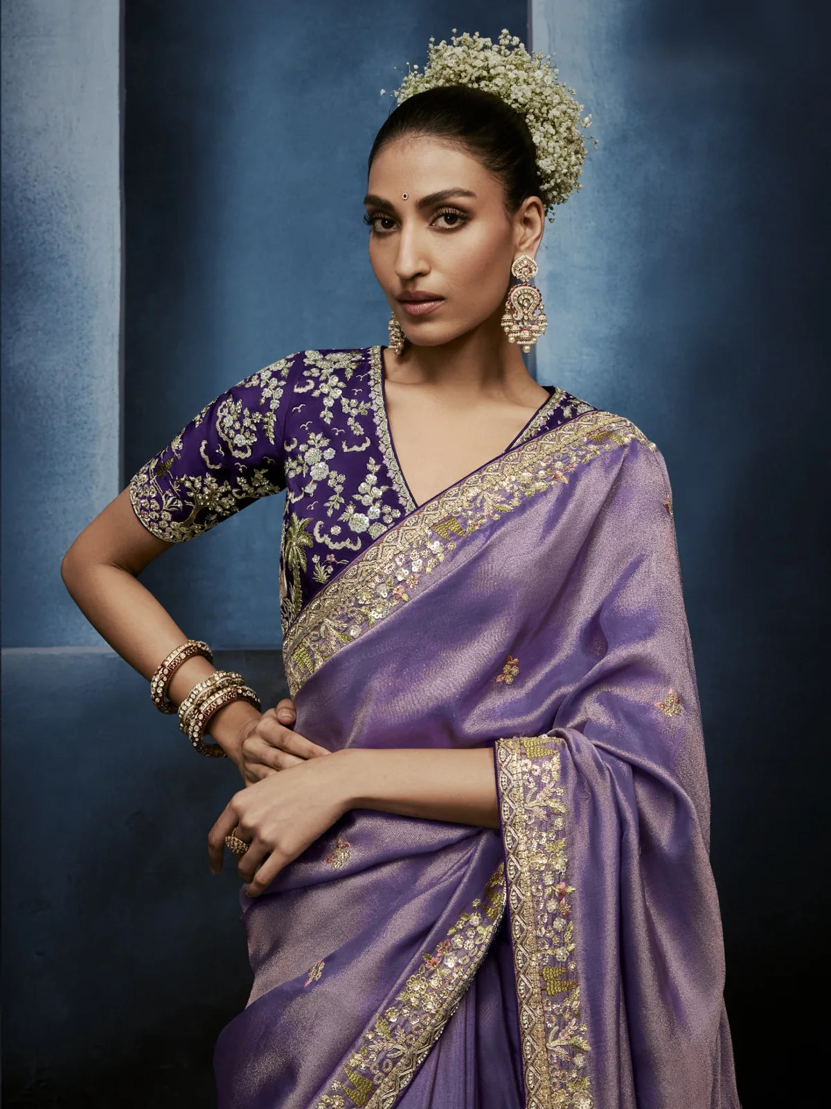Tarani lavender fancy saree upper body view with heavy embroidered blouse and elegant border
