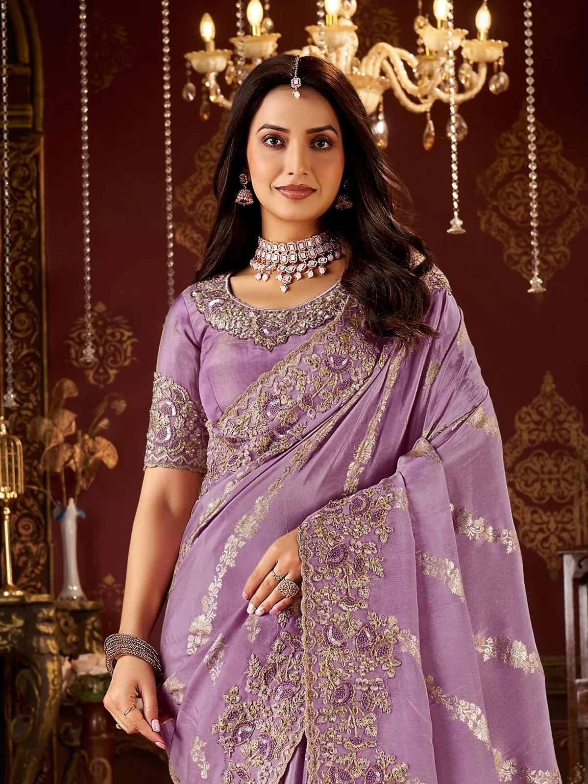 Tarani lavender saree closeup showing blouse embroidery and neckline detail
