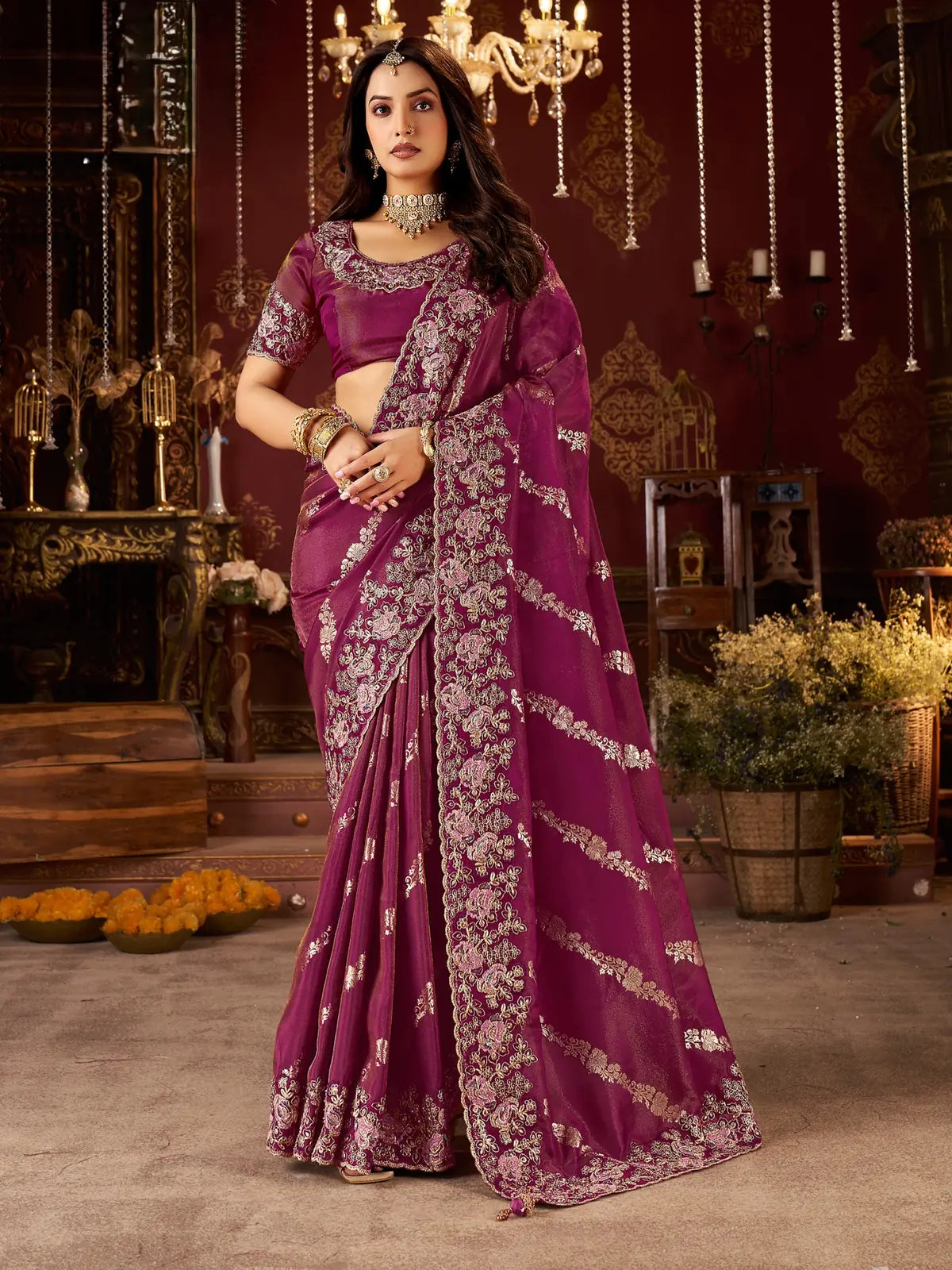 Tarani magenta fancy saree with zari embroidered border and latkan pallu full view