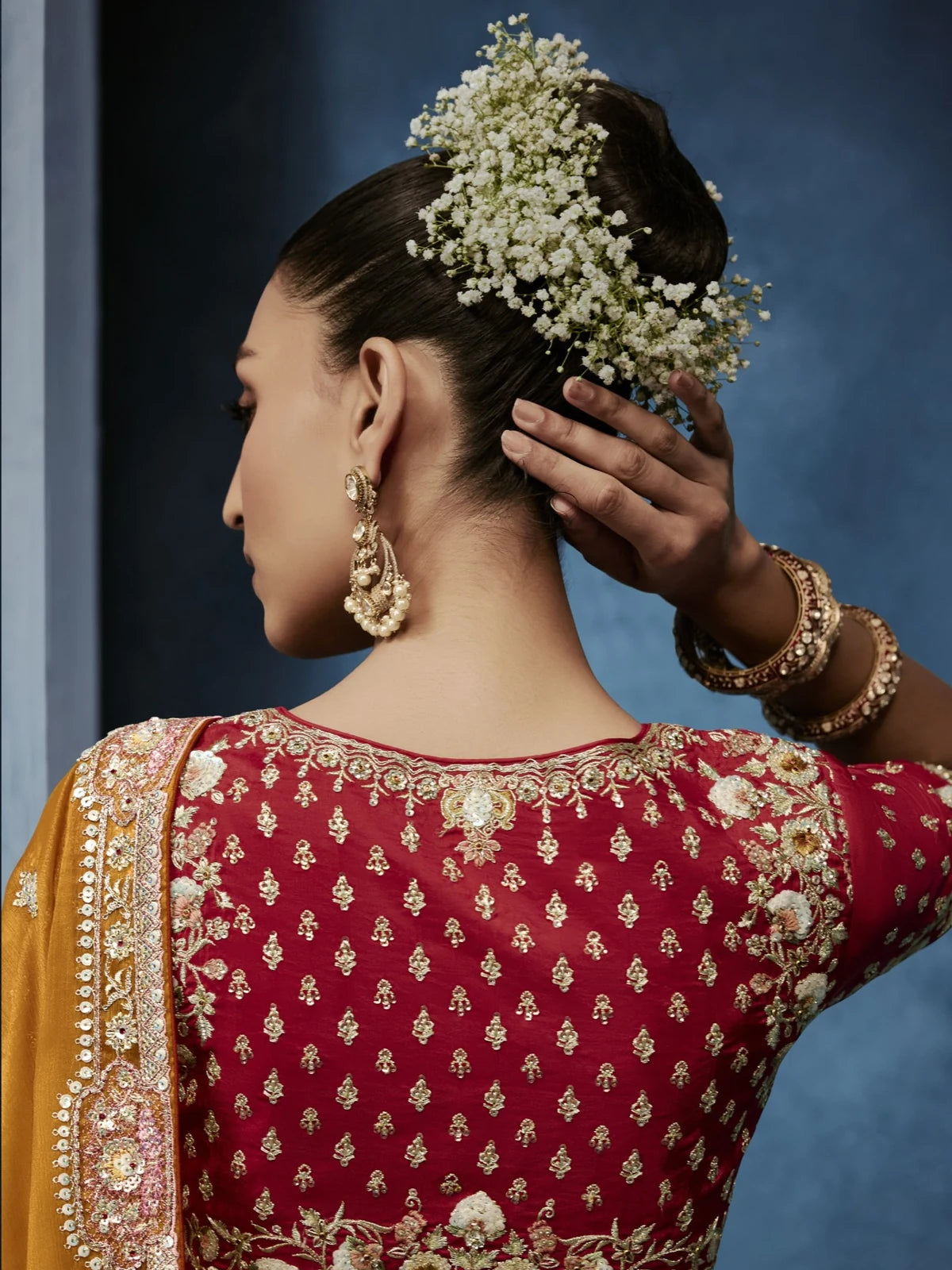 Tarani saree back blouse view with intricate embroidery and festive ethnic styling