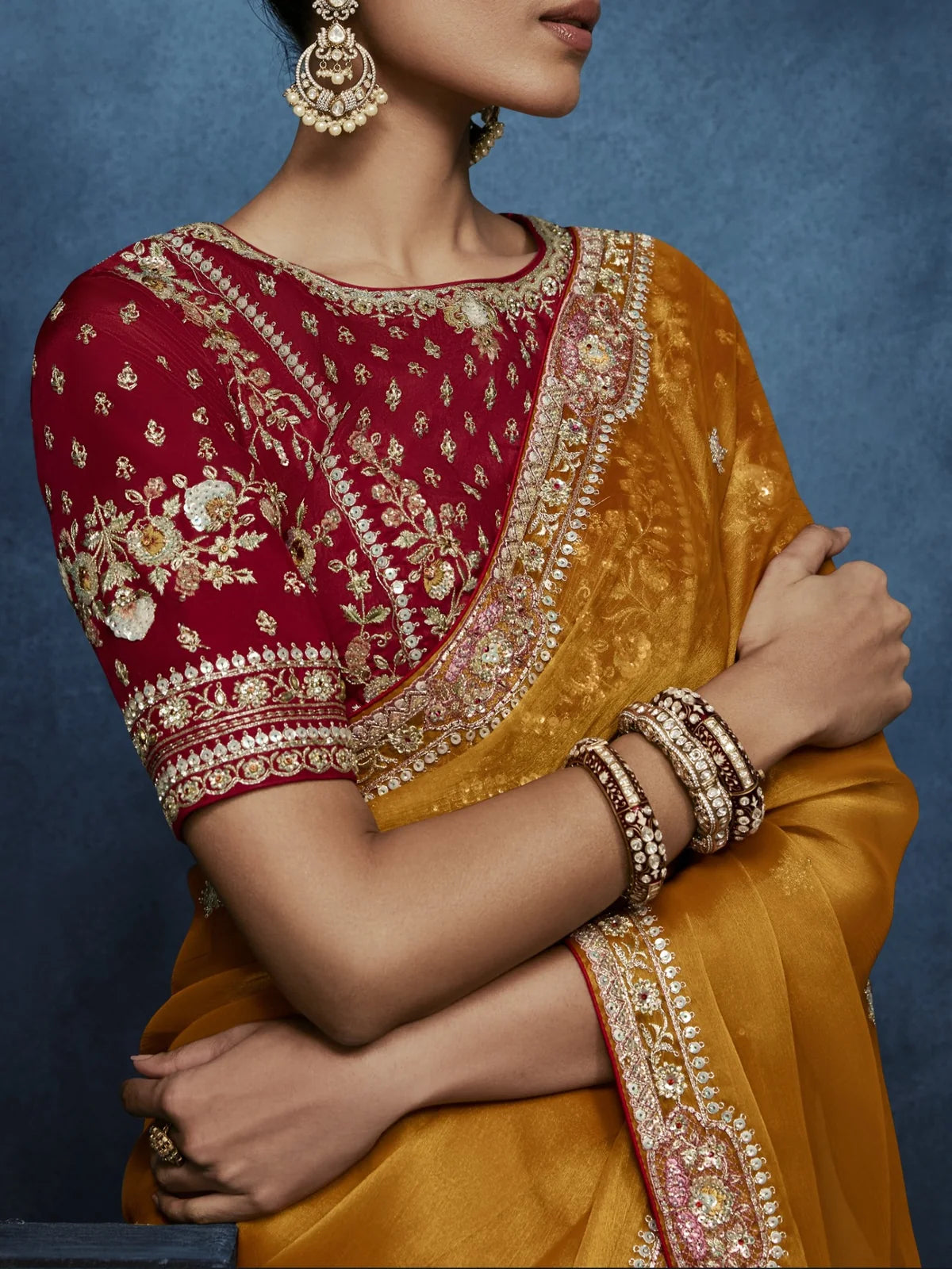 Tarani closeup view of mustard saree border with premium embroidery and hand work details