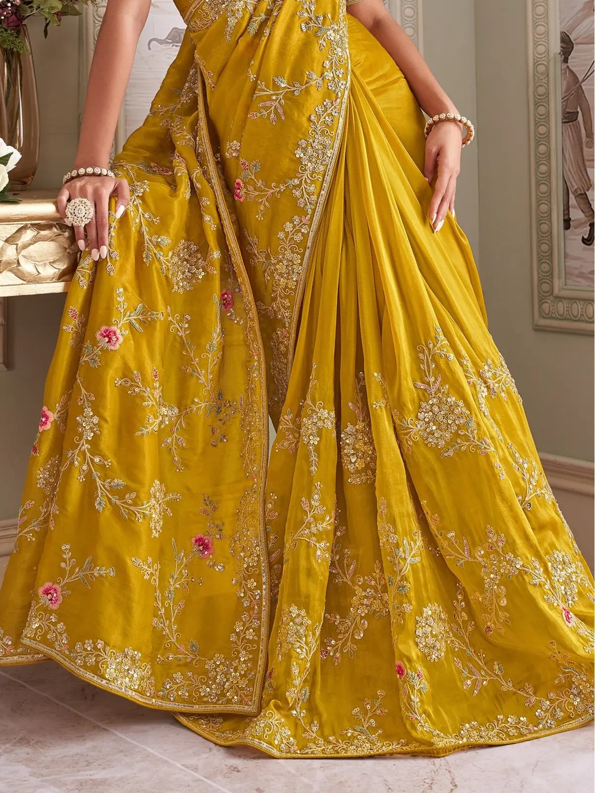 Tarani mustard fancy saree closeup embroidery and border detailing