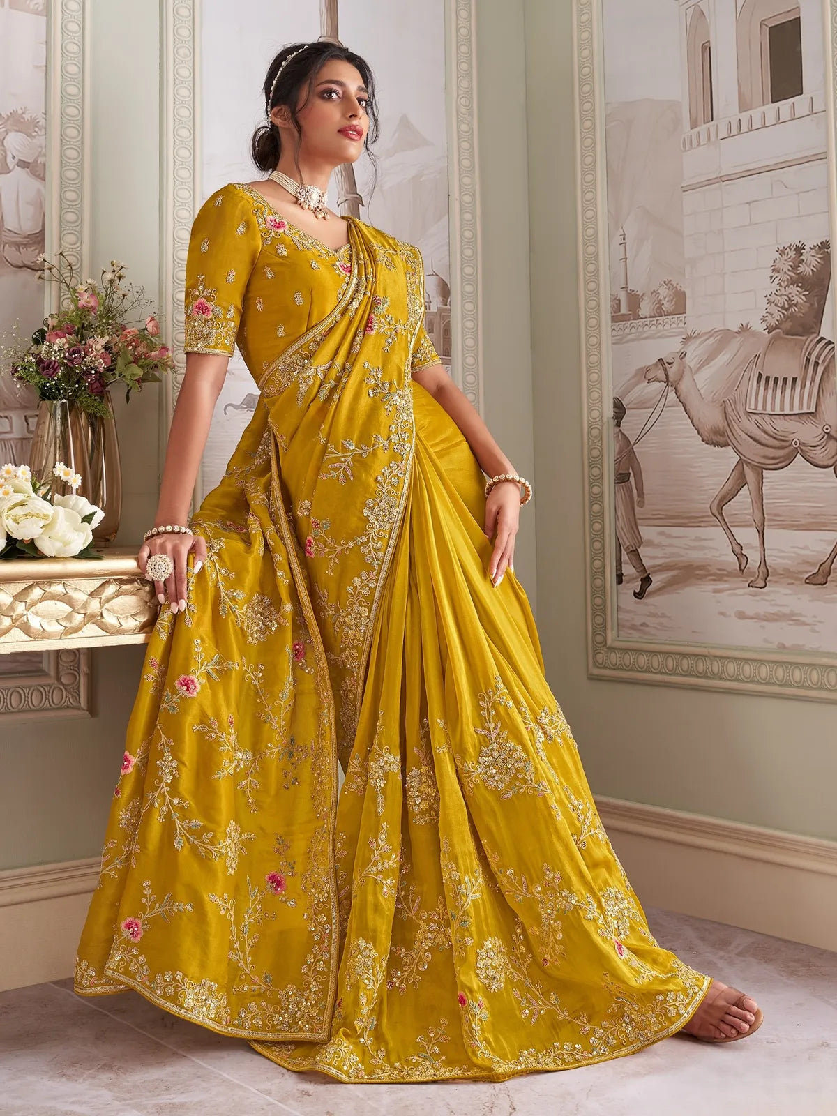 Tarani mustard fancy saree elegant drape full view for weddings