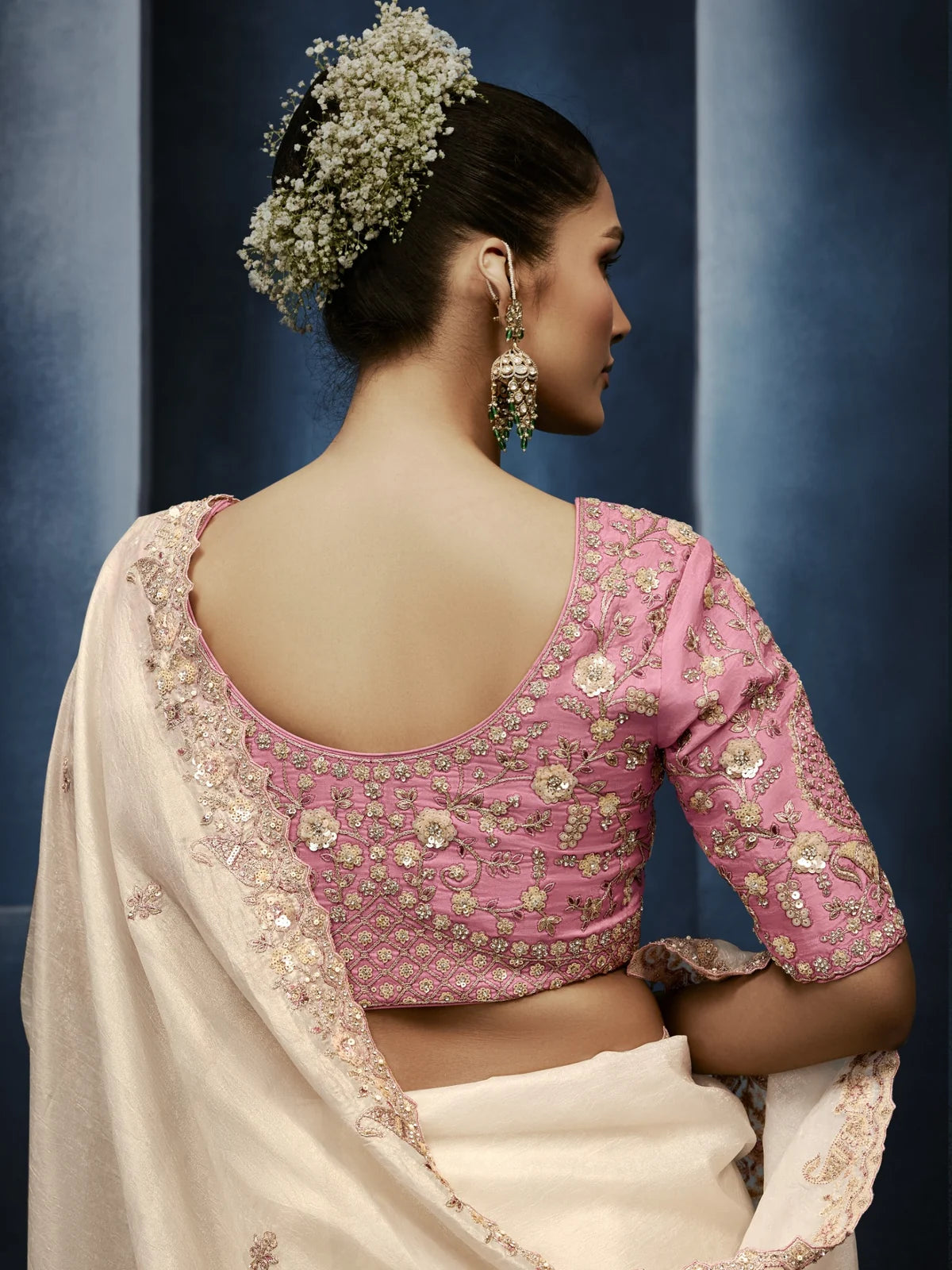 Tarani back blouse view of embroidered premium saree with elegant festive styling