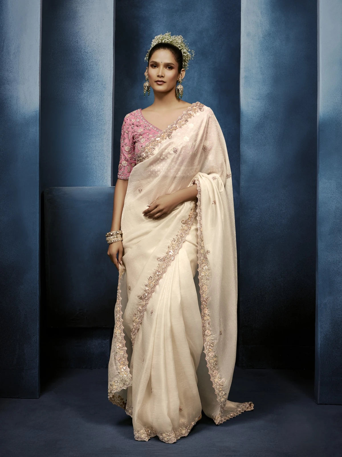 Tarani off white fancy saree with embroidered blouse full view for wedding celebrations
