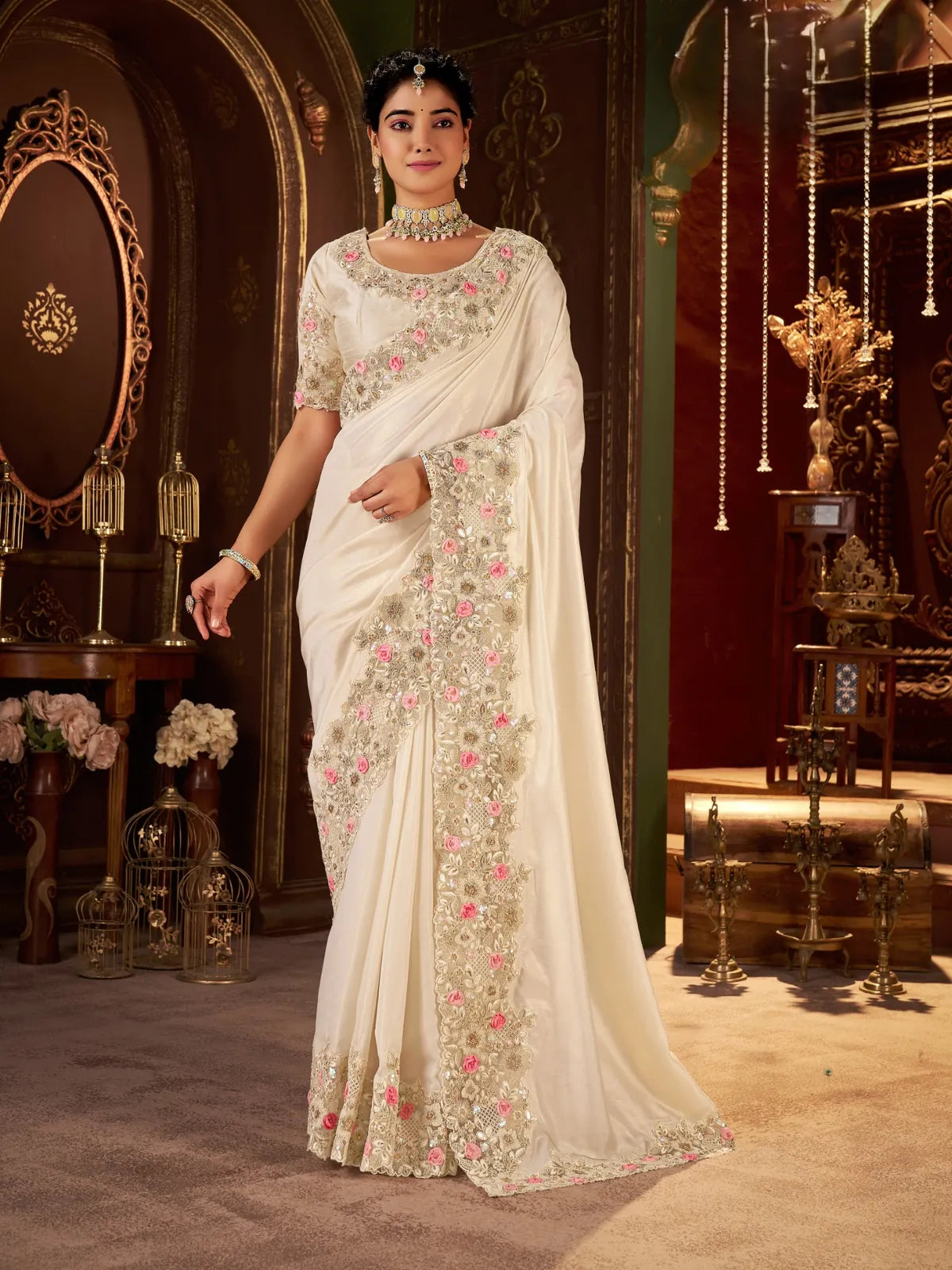 Tarani off white fancy saree full view with zari embroidery and floral detailing