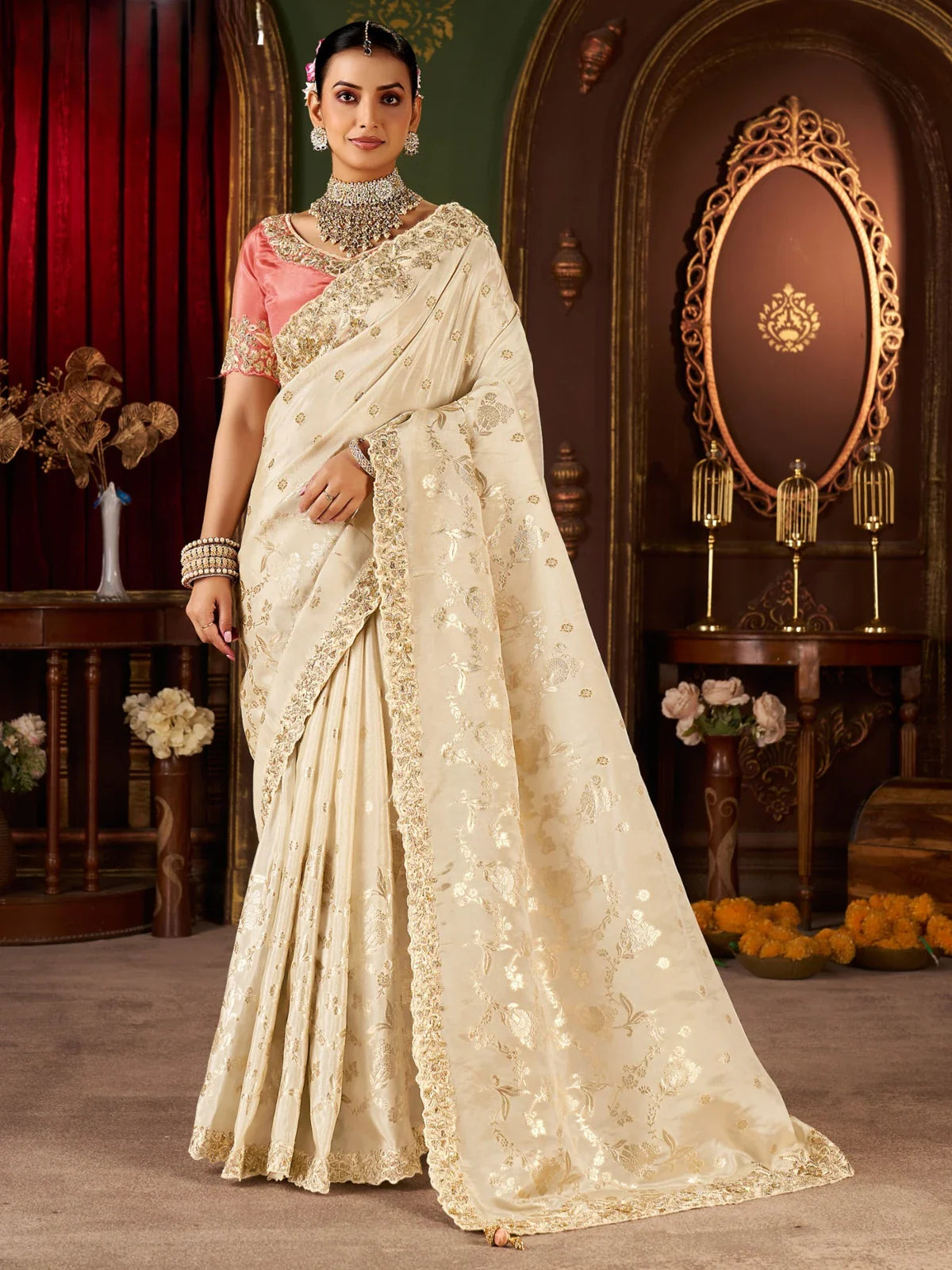 Tarani off white fancy saree full view with zari embroidery and latkan pallu for weddings