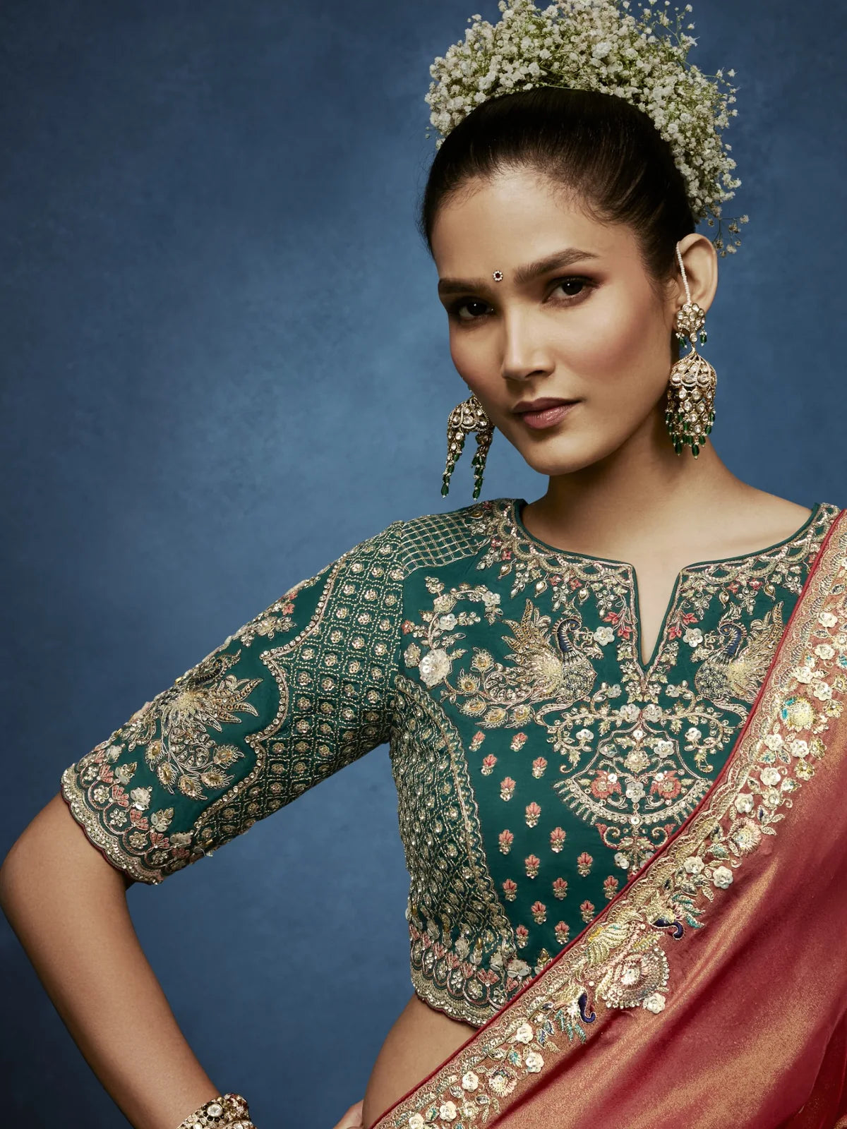 Tarani peach fancy saree blouse view with premium embroidery and handcrafted detailing
