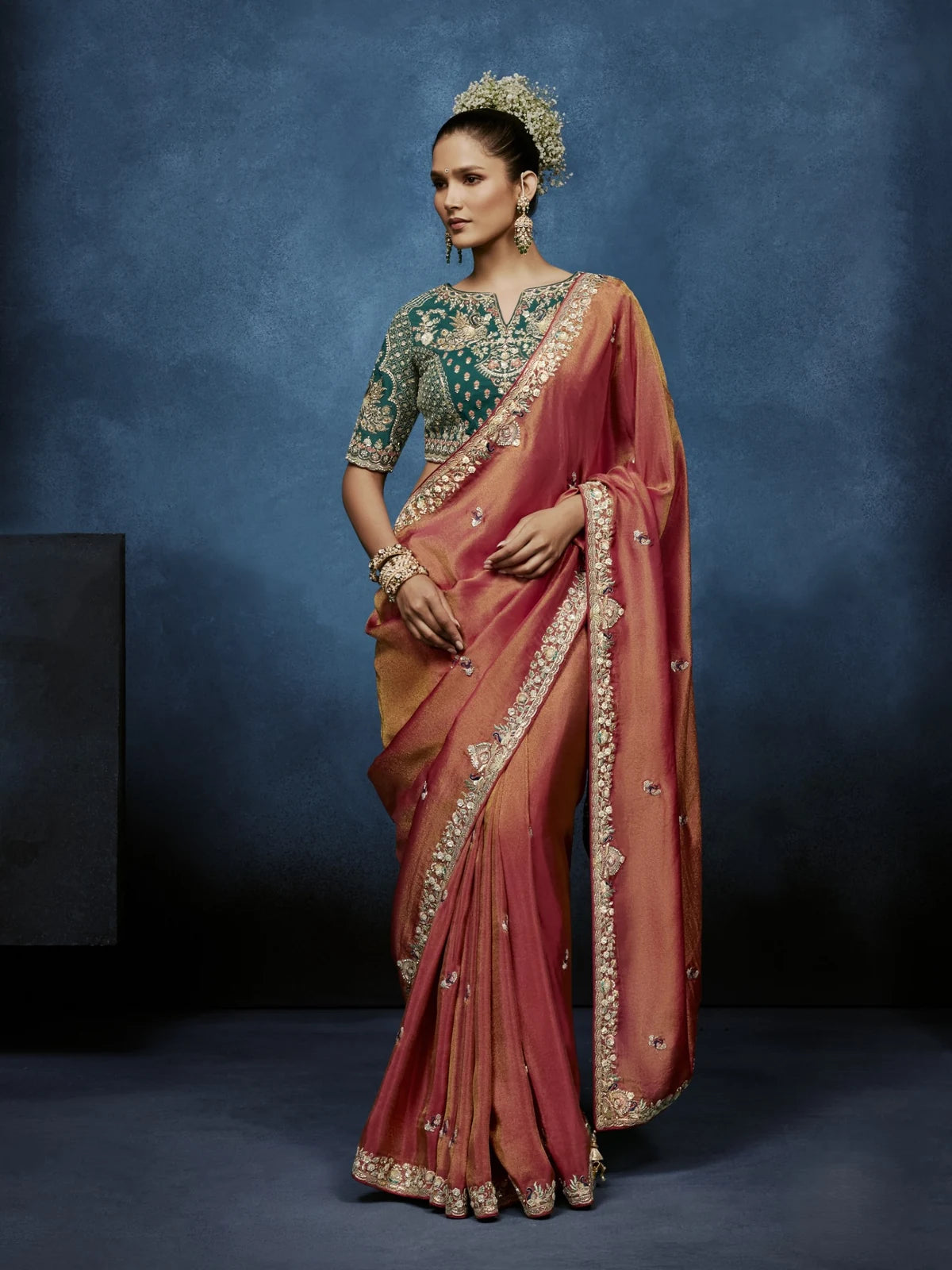 Tarani peach fancy saree full view with embroidered blouse for wedding and festive wear
