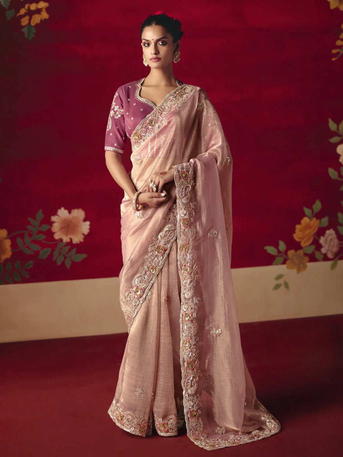 Tarani peach fancy saree full view with sequin embroidery and maroon blouse