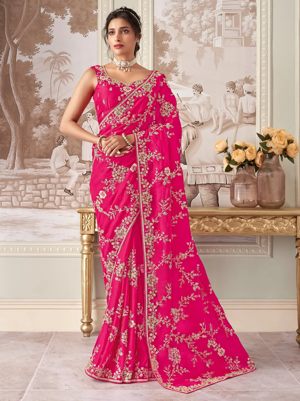 Tarani pink fancy saree with golden embroidery and heavy border full view