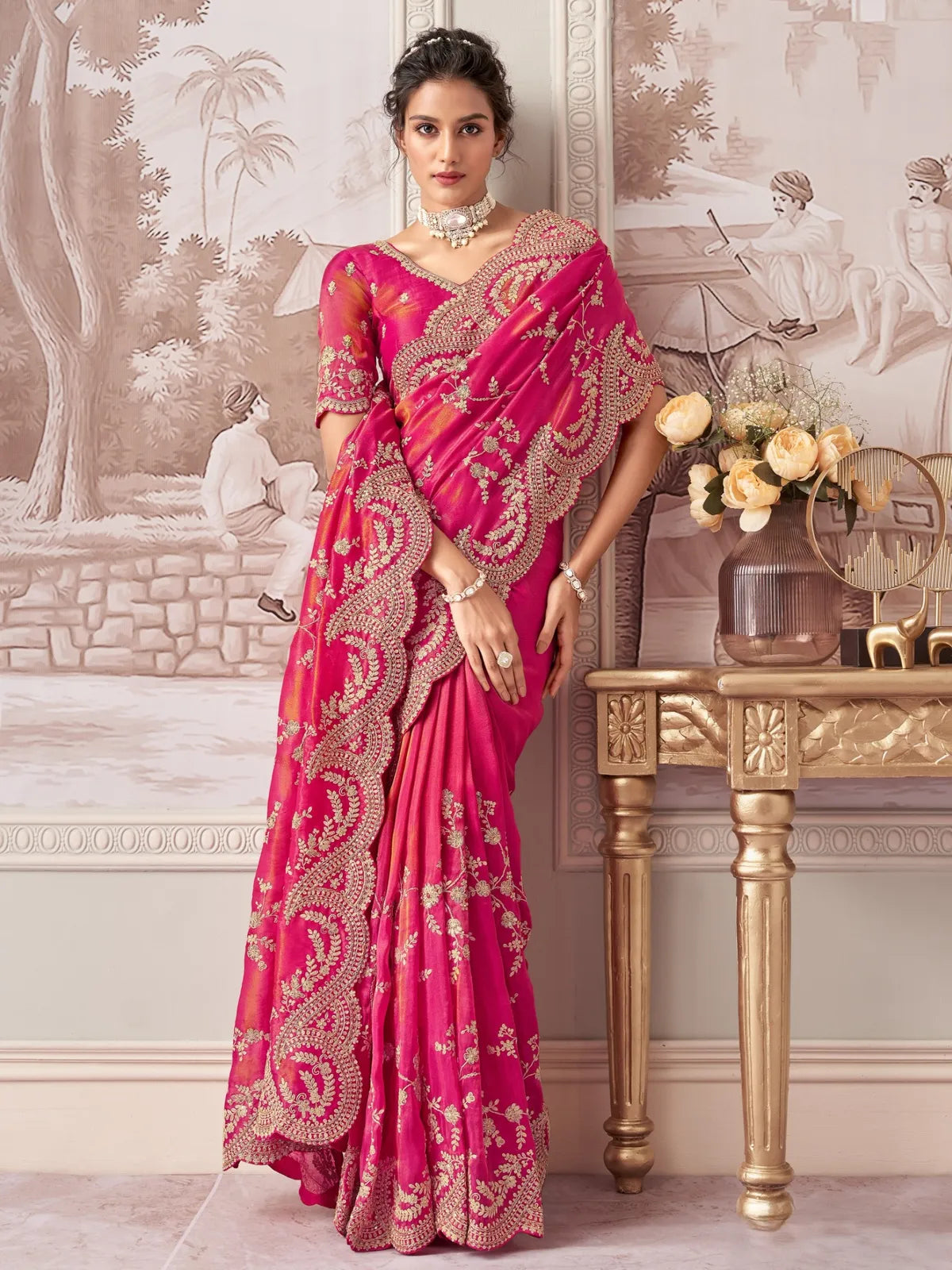 Tarani pink fancy saree full view with heavy cutwork border and embroidered blouse