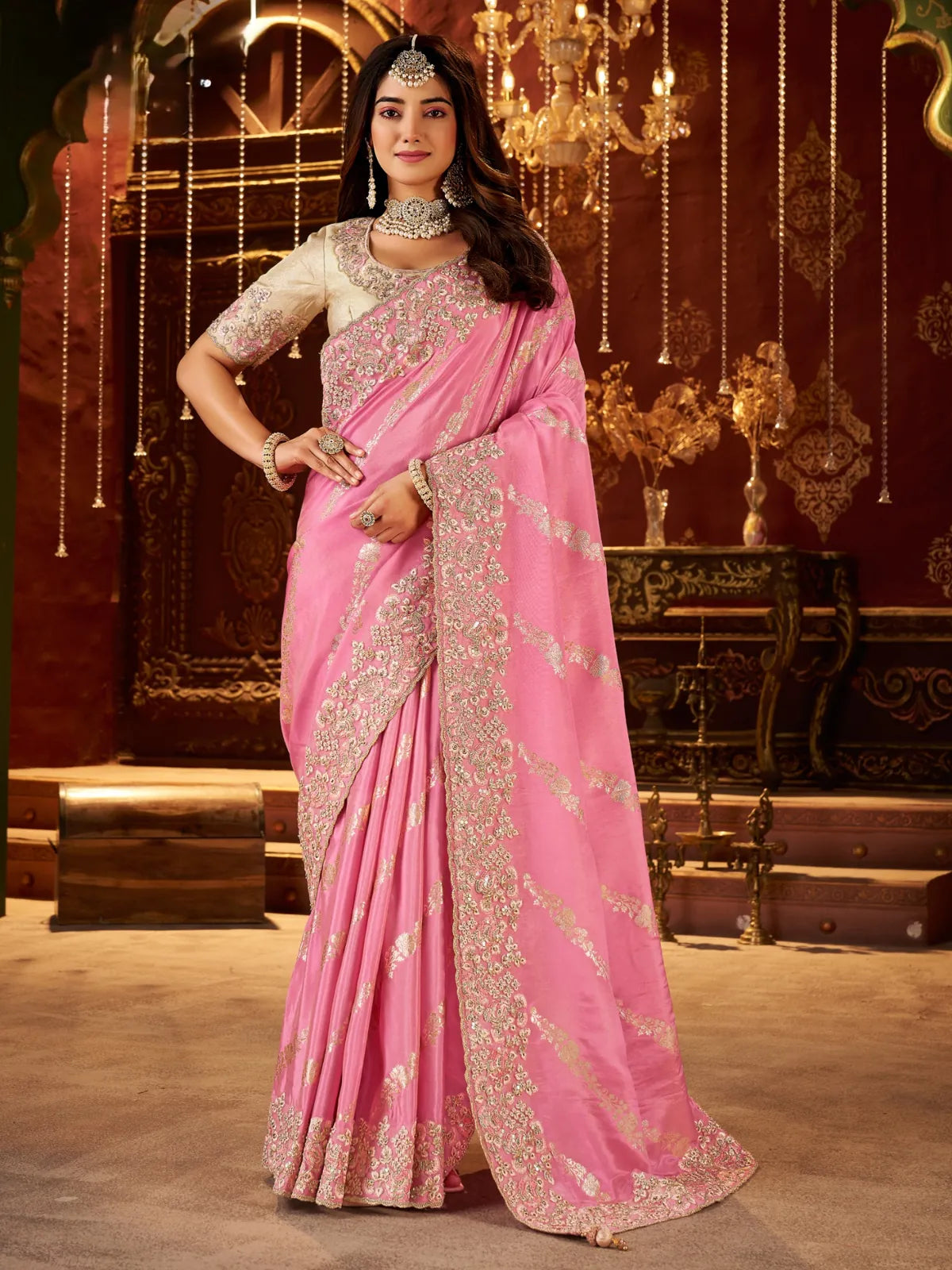 Tarani premium fancy pink saree with zari embroidery and heavy pallu latkan full front view