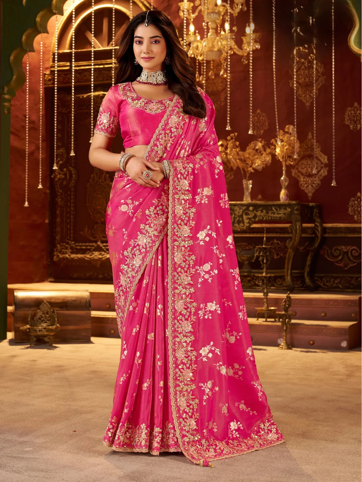 Tarani festive pink designer fancy saree with full zari embroidery and latkan border - full view