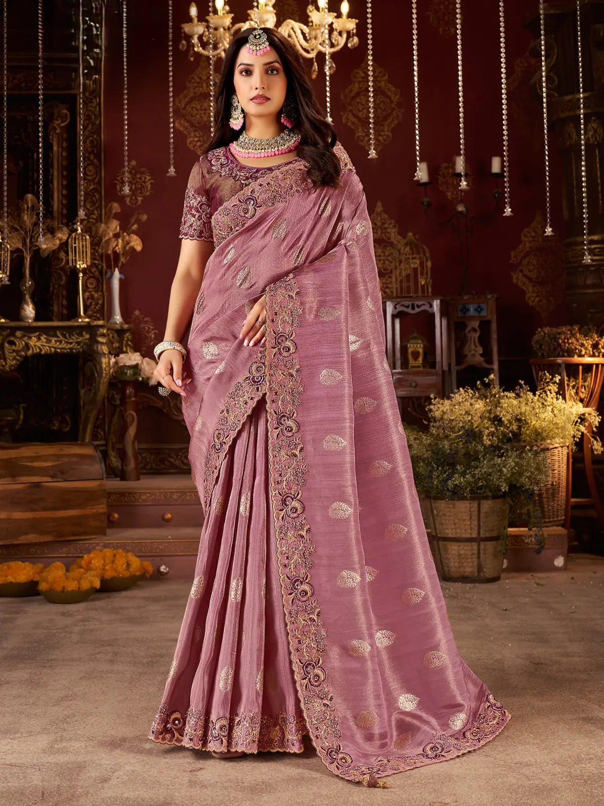 Tarani fancy pink saree with golden zari border and full drape for weddings