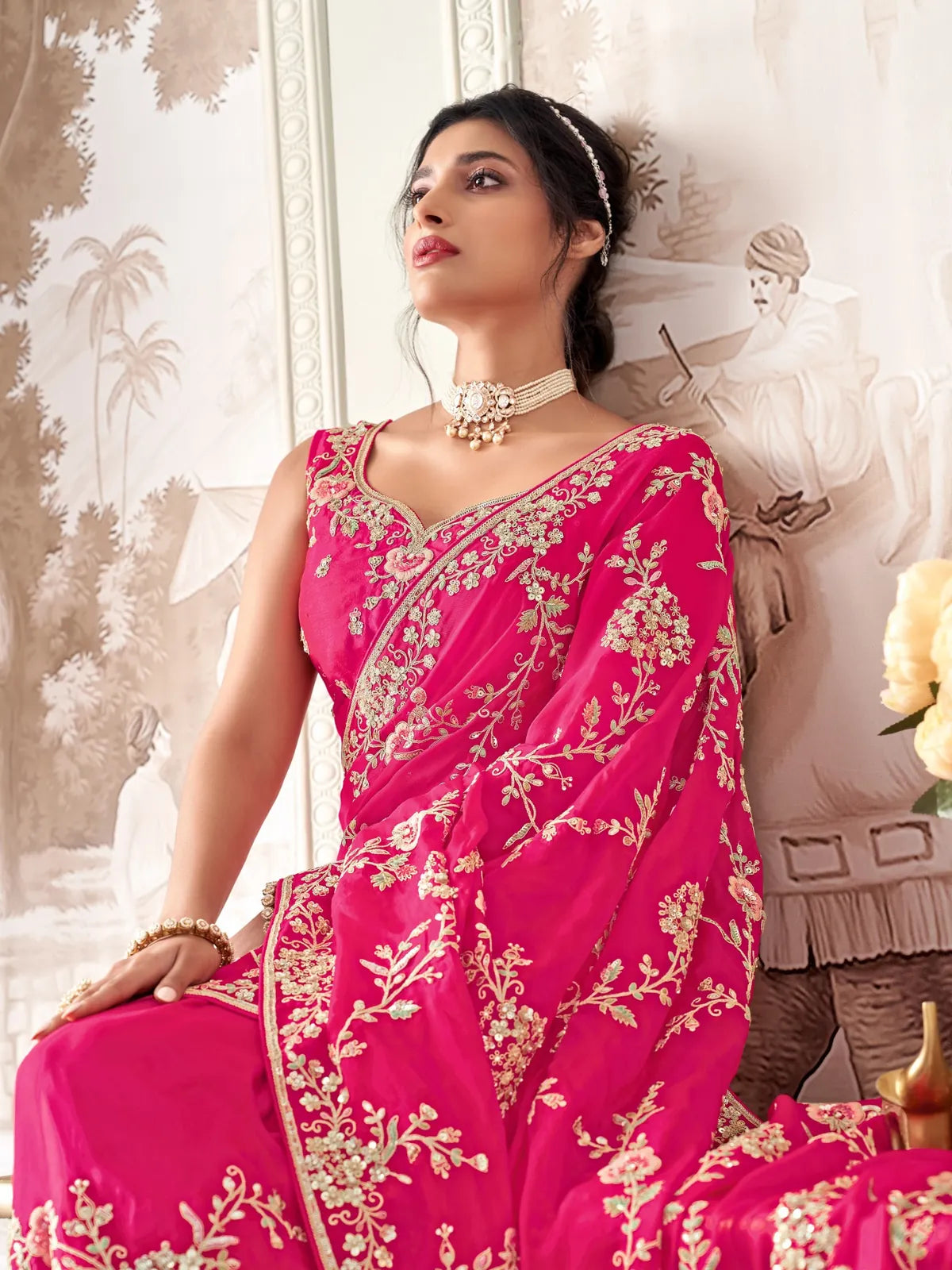 Tarani pink fancy saree upper body view with embroidered blouse design