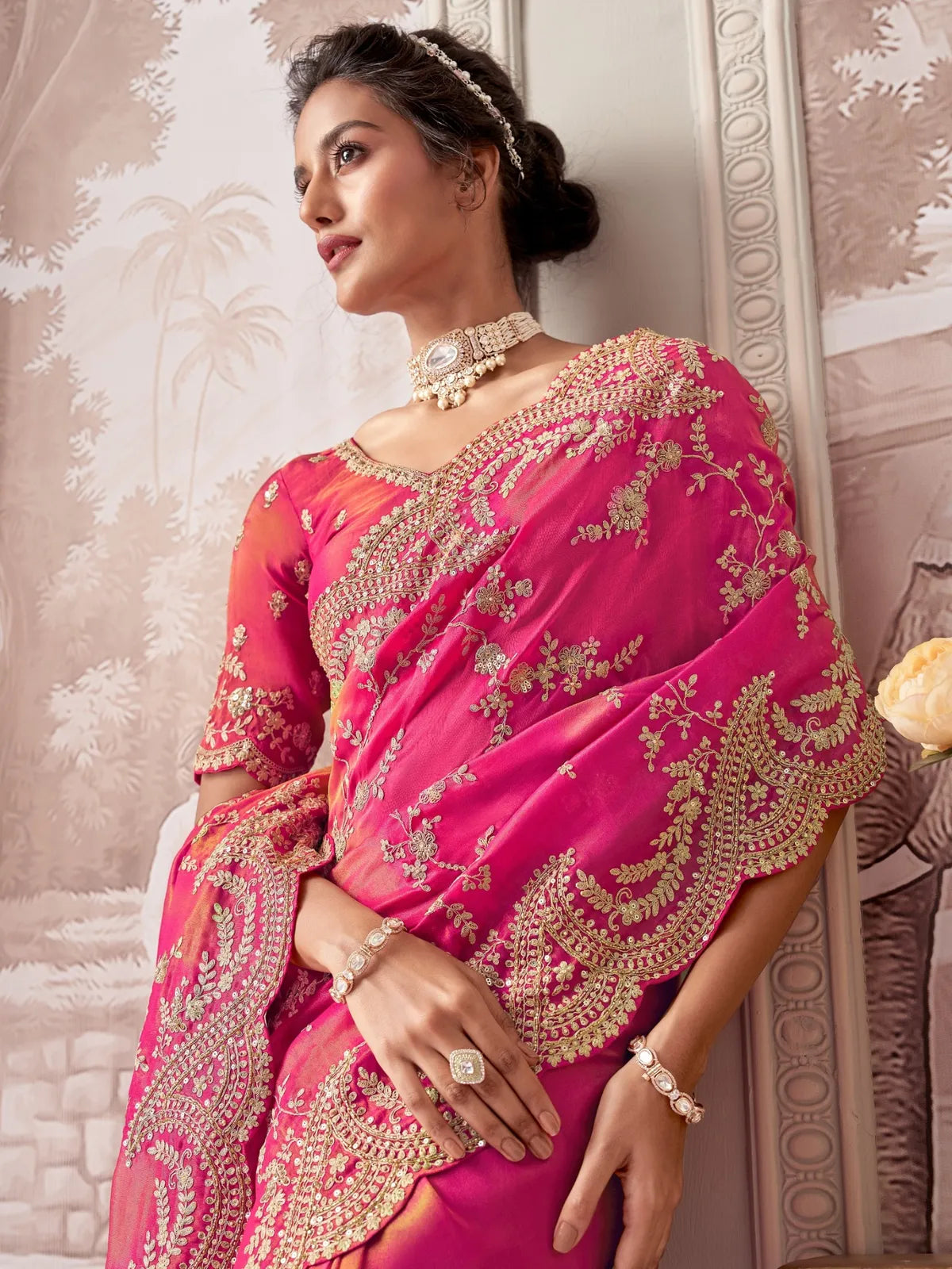 Tarani pink fancy saree upper body view highlighting embroidered blouse sleeves