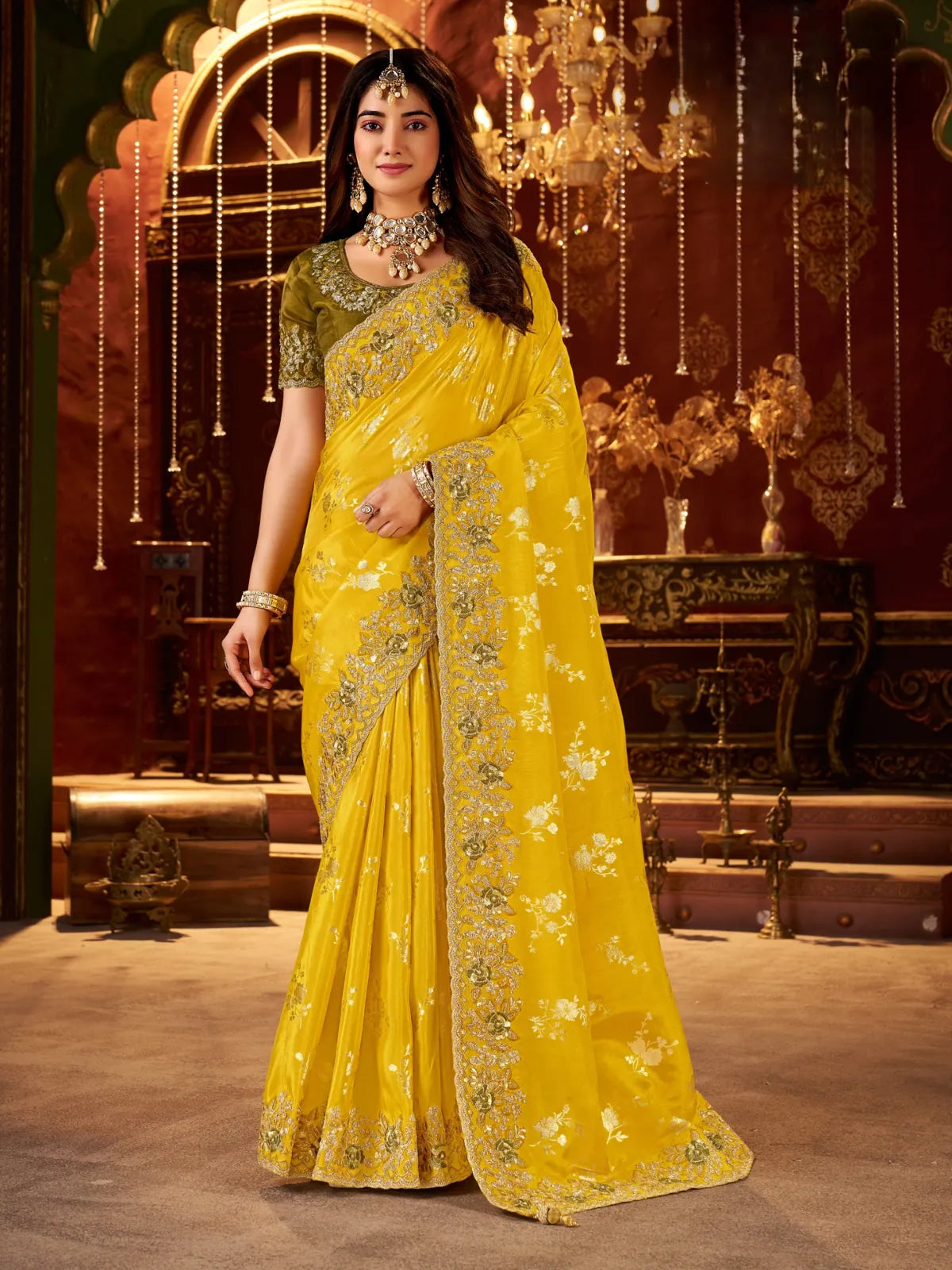 Tarani yellow fancy saree with zari embroidery and olive contrast blouse in full view