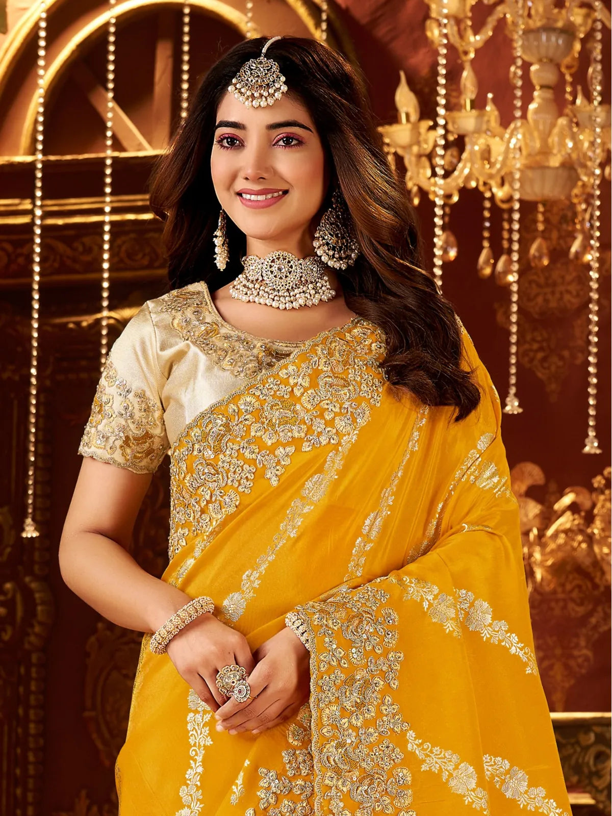 Tarani yellow saree with rich zari embroidery and designer blouse shown in upper body view