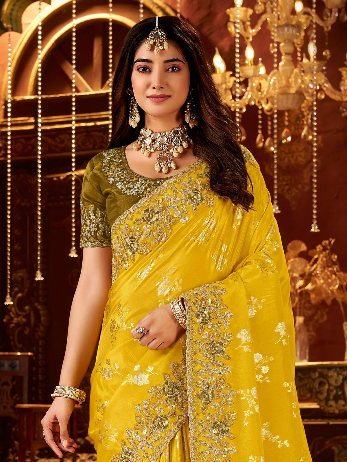 Tarani closeup of model wearing yellow saree with zari work and olive embroidered blouse