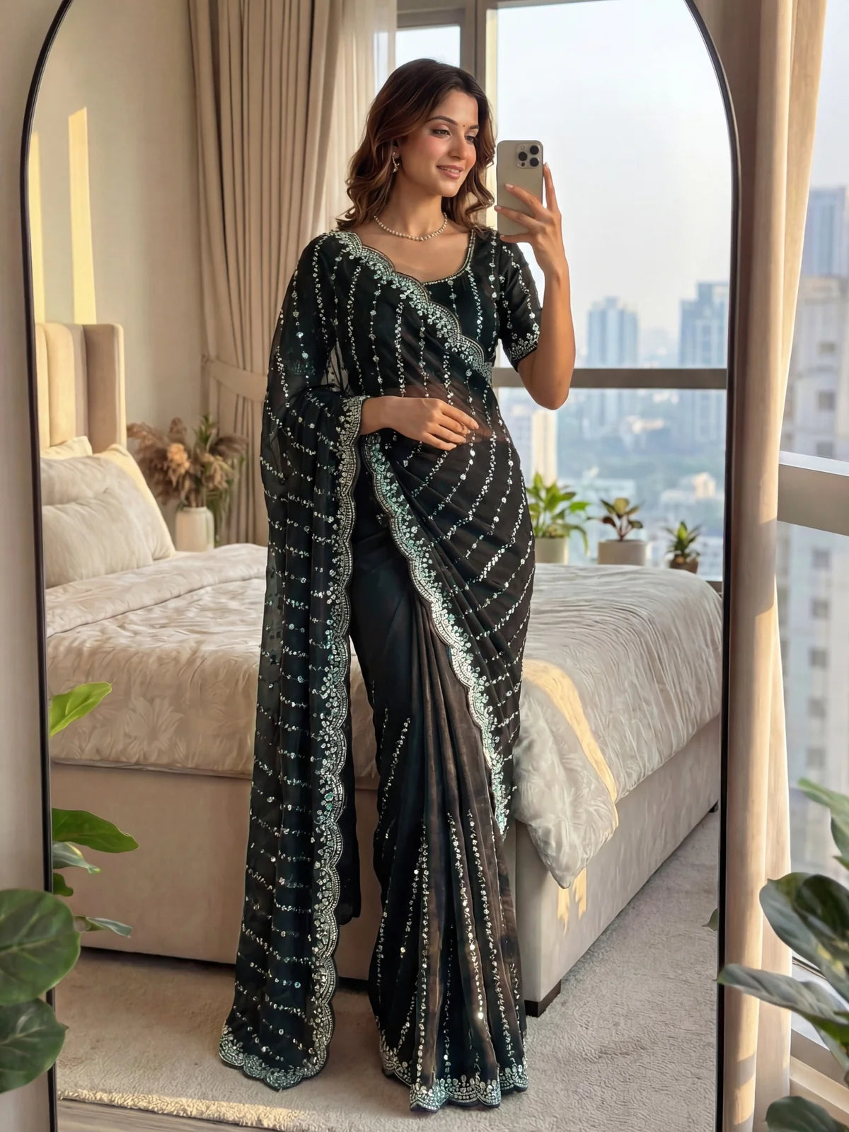 Tarani black Fandy Satin saree full length mirror style look with embroidered work
