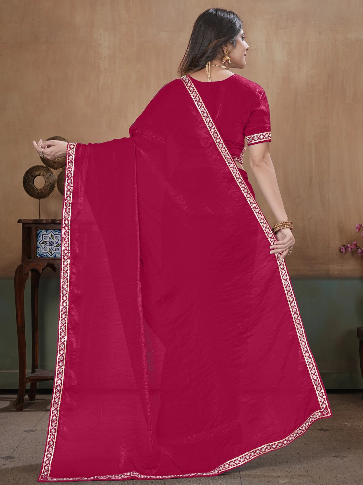 Tarani soft Fandy satin magenta saree with embroidered stitched blouse back-view
