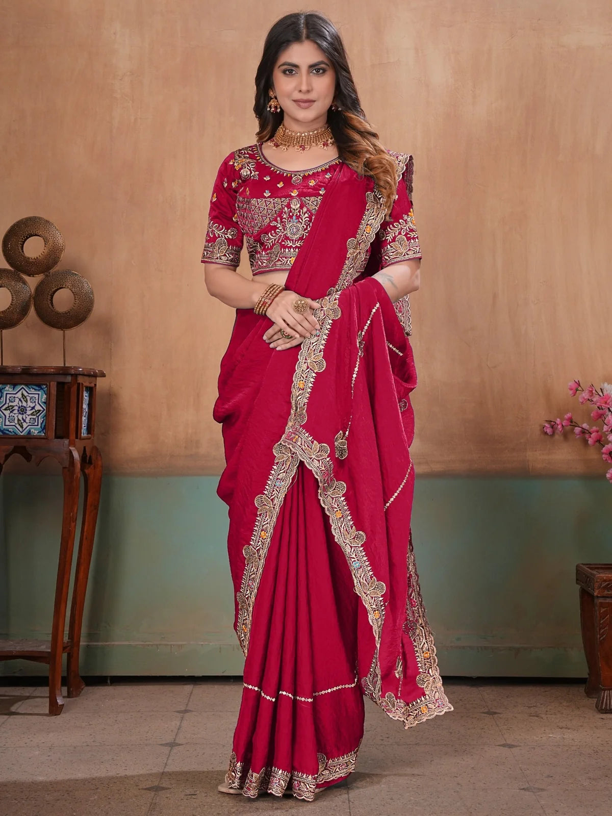 Tarani magenta embroidered saree front pose with readymade blouse