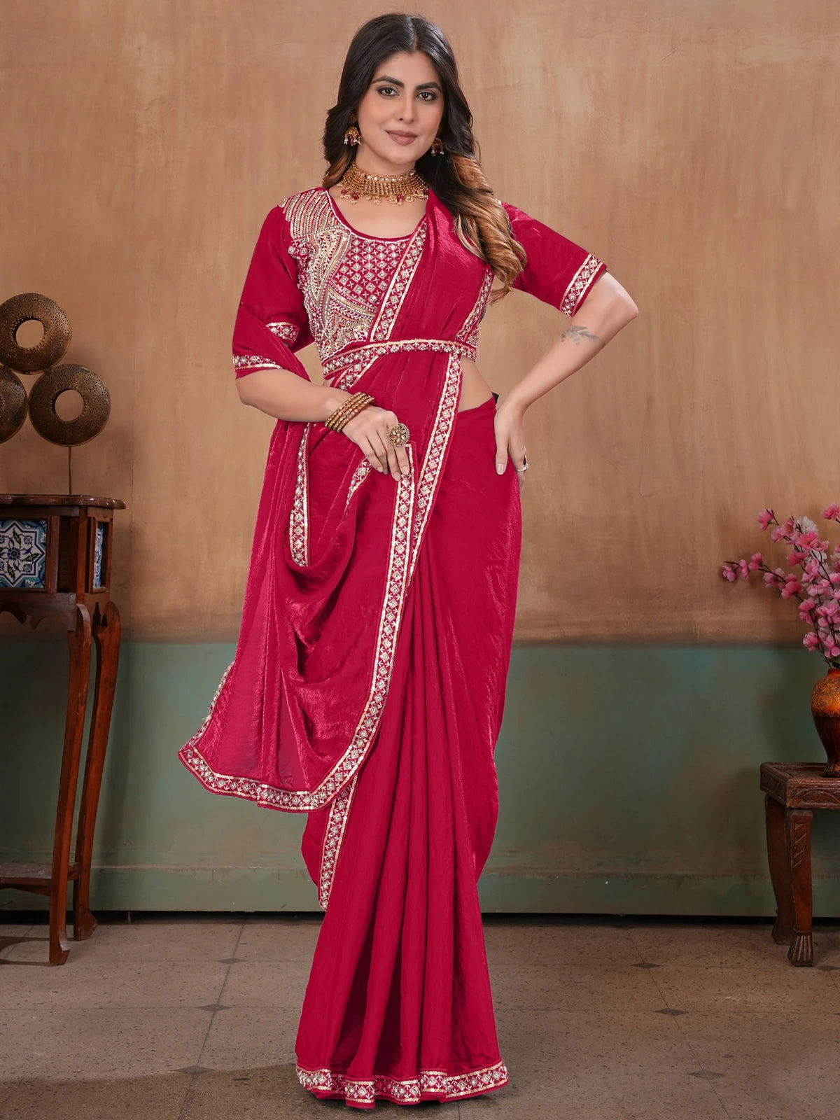 Tarani soft Fandy satin magenta saree with embroidered stitched blouse front-view