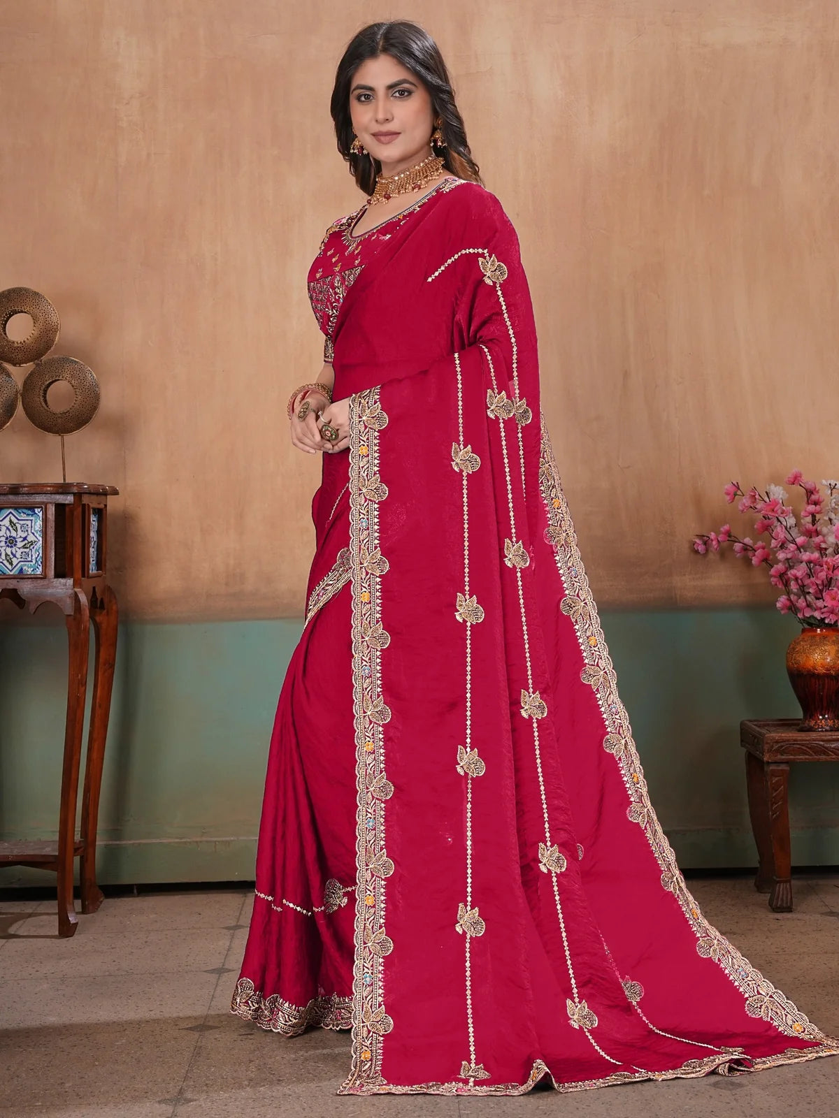 Tarani magenta Fandy Satin saree elegant side view with embroidered border
