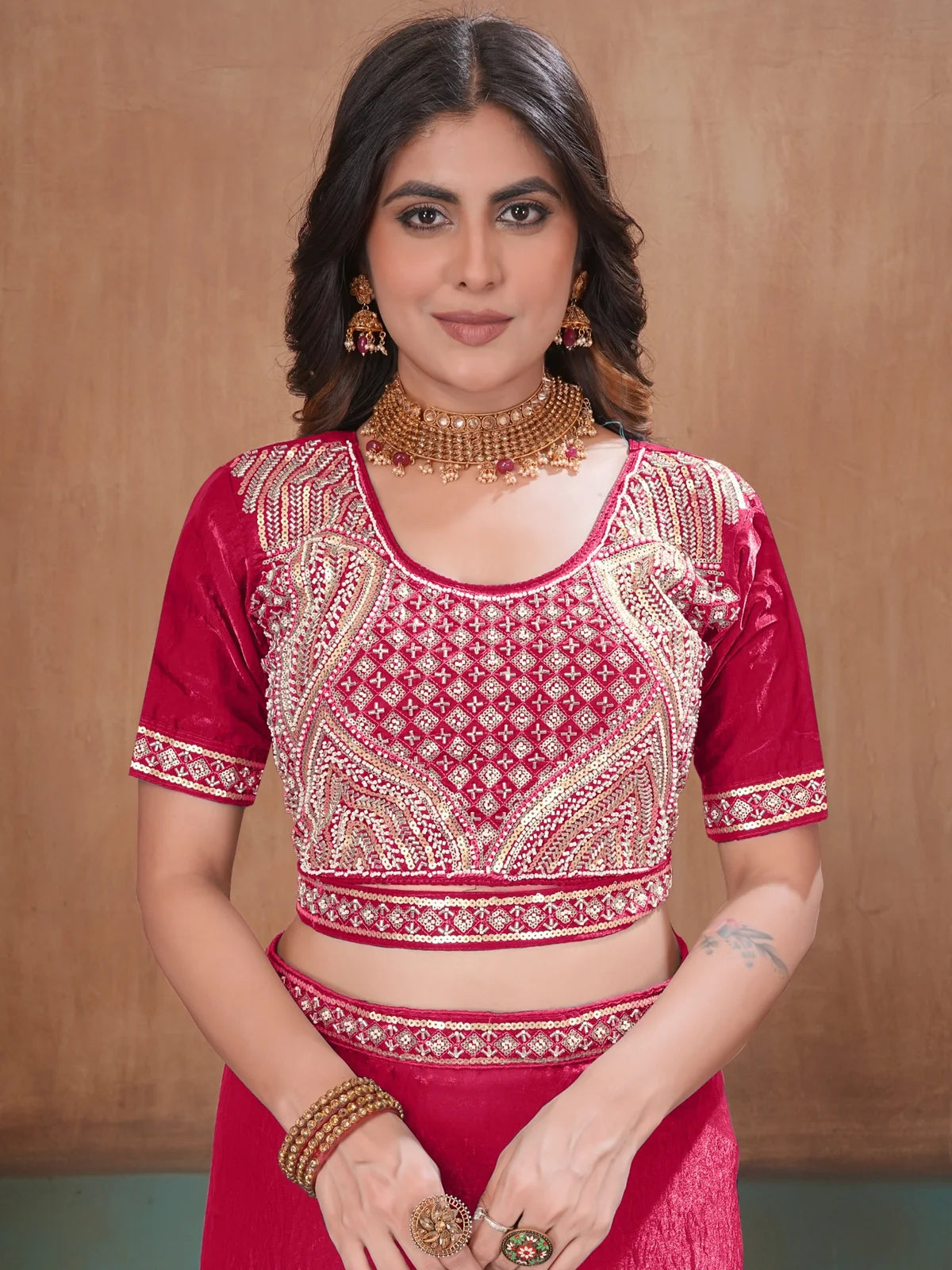 Tarani soft Fandy satin magenta saree with embroidered stitched blouse upper-body-view