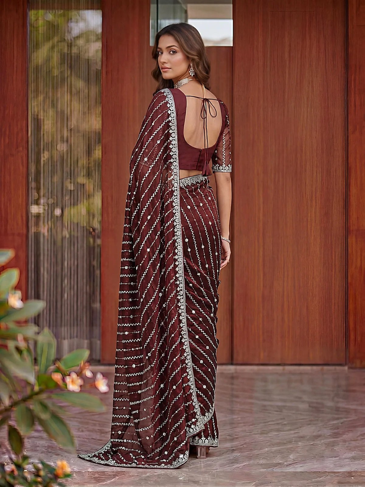 Tarani Devika maroon Fandy Satin saree back view with designer blouse pattern and embroidery
