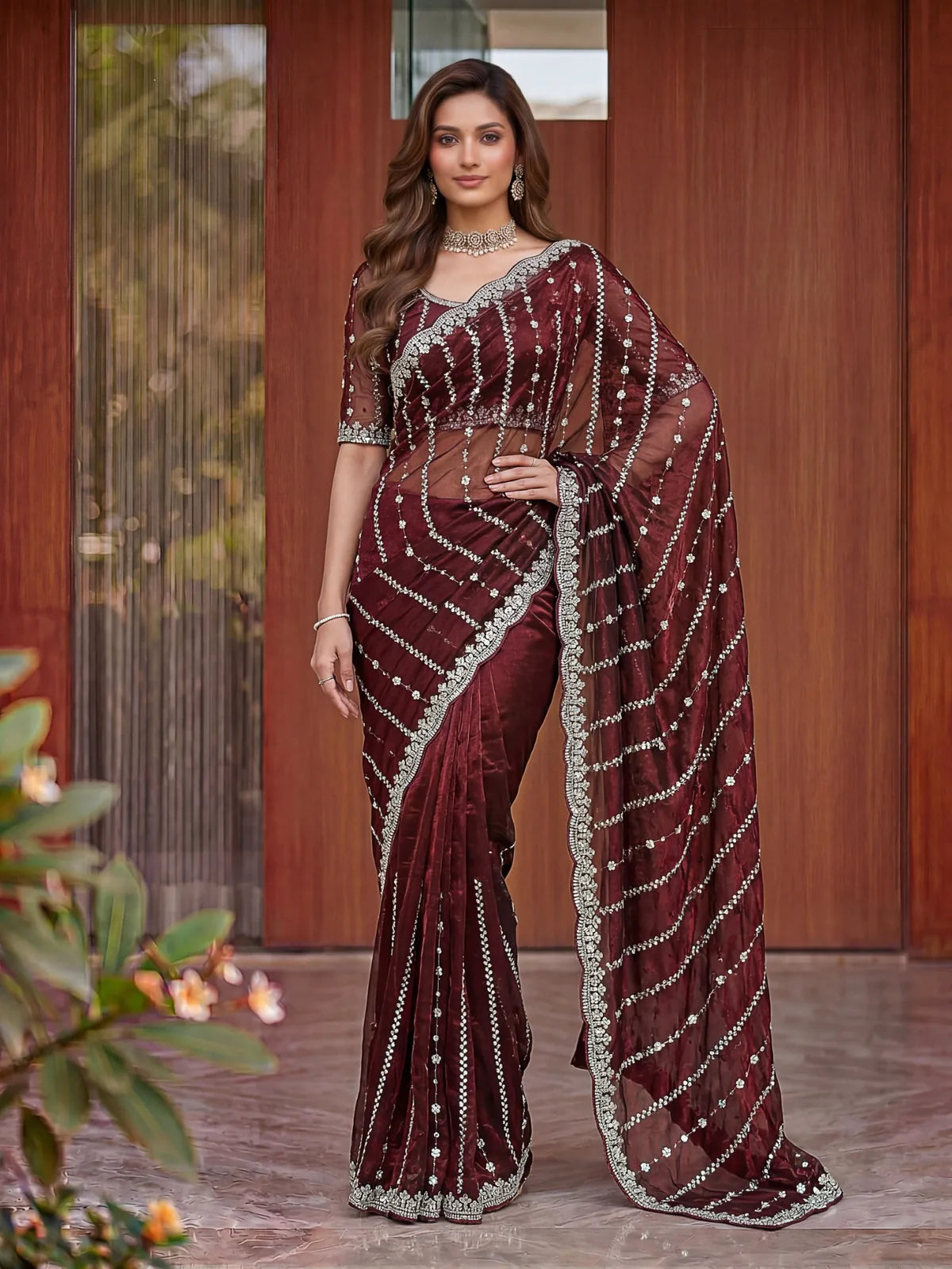 Tarani Devika maroon Fandy Satin saree elegant front view with detailed beads work and border