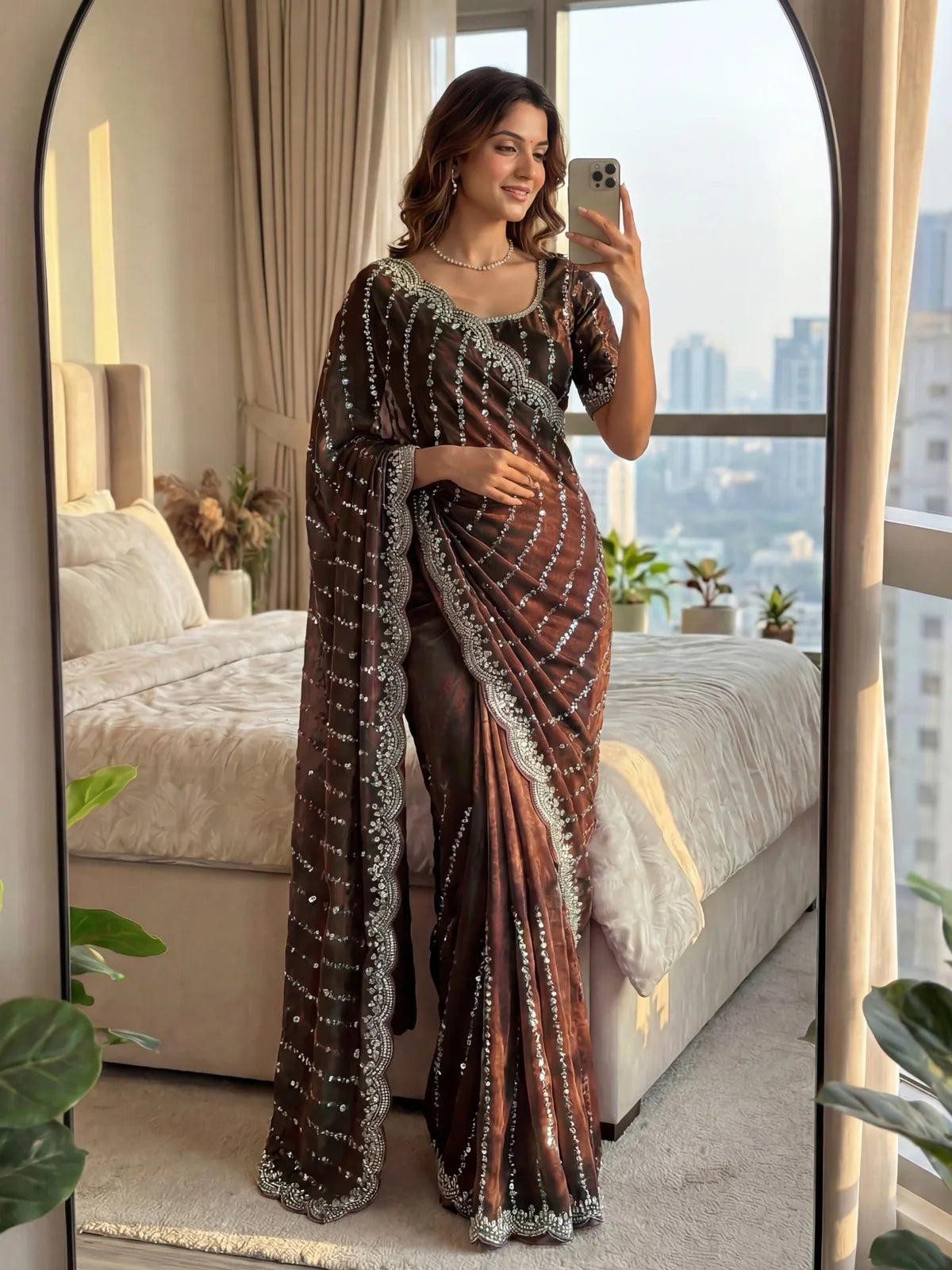 Tarani Devika maroon Fandy Satin saree side mirror view with shimmering sequins embroidery
