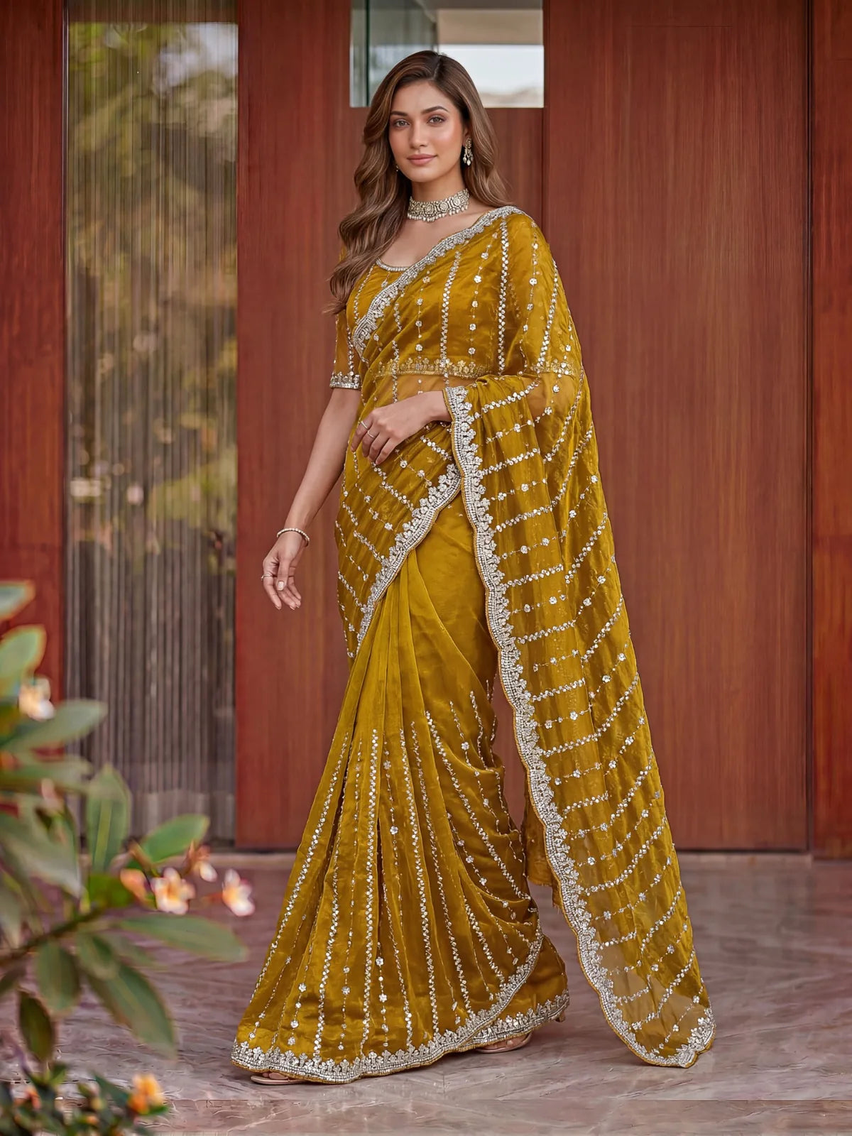 Tarani mustard Fandy Satin saree front view with elegant beads and sequins embroidery work