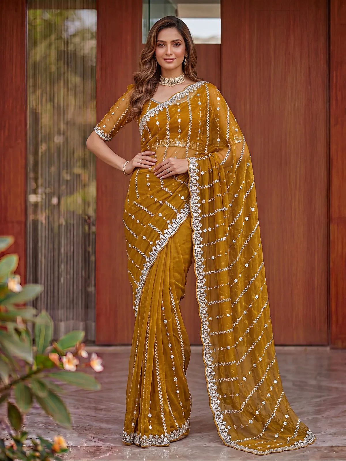 Tarani mustard Fandy Satin saree with beads and sequins embroidery full saree view for wedding wear