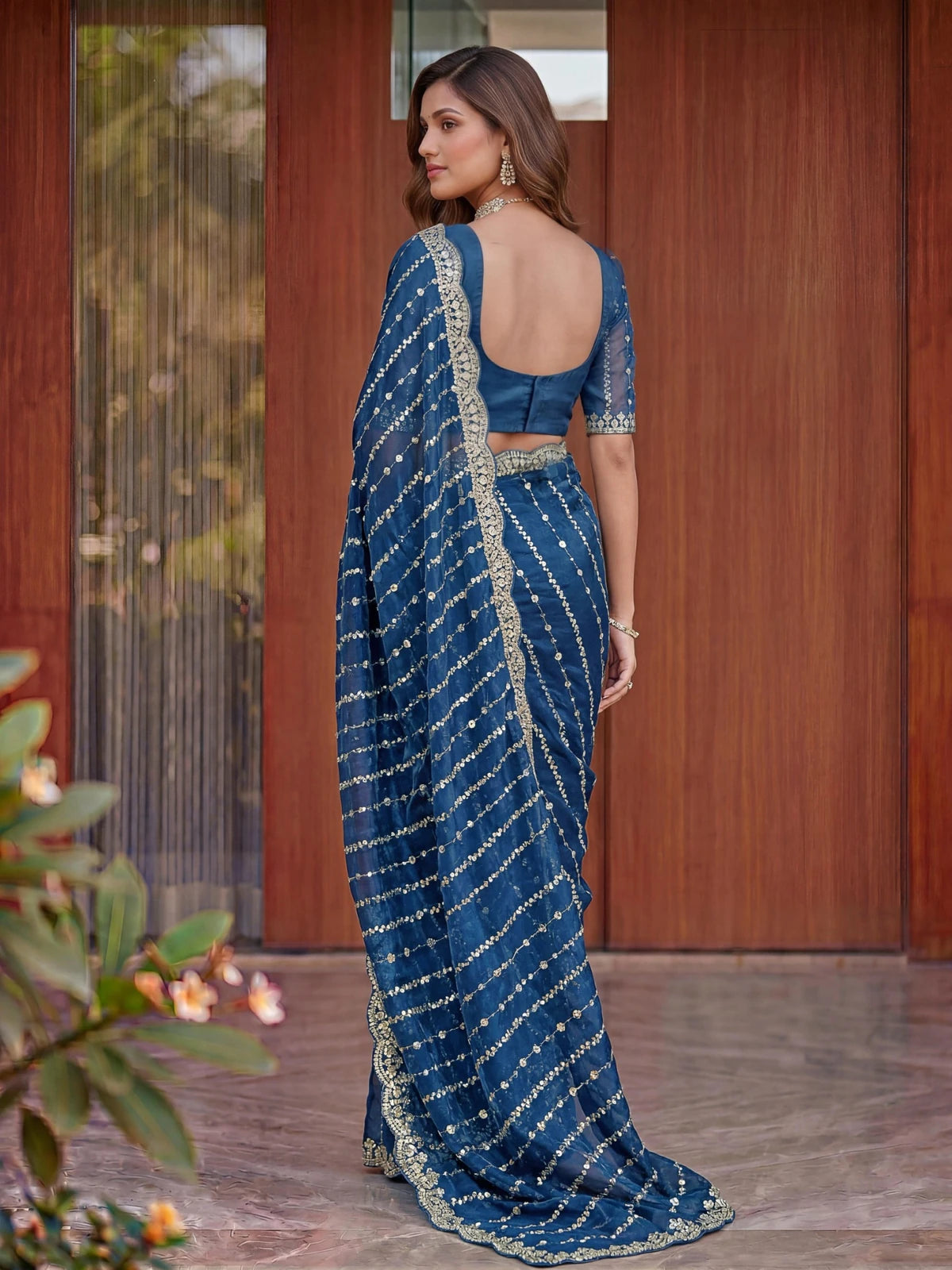 Tarani navy blue Fandy Satin saree back blouse view with embroidery Akira