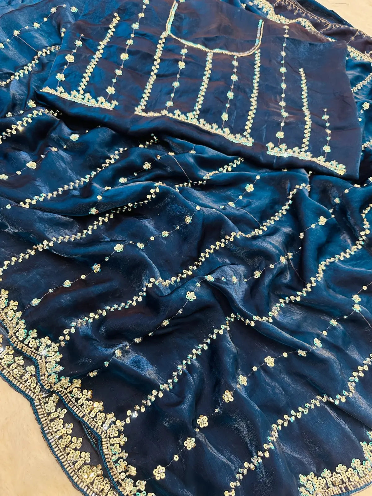 Tarani navy blue Fandy Satin saree fabric closeup with beads and sequins work Akira