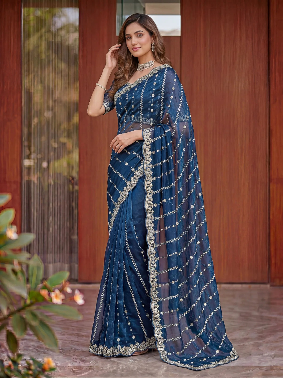 Tarani navy blue Fandy Satin saree with beads and sequins embroidery full view Akira