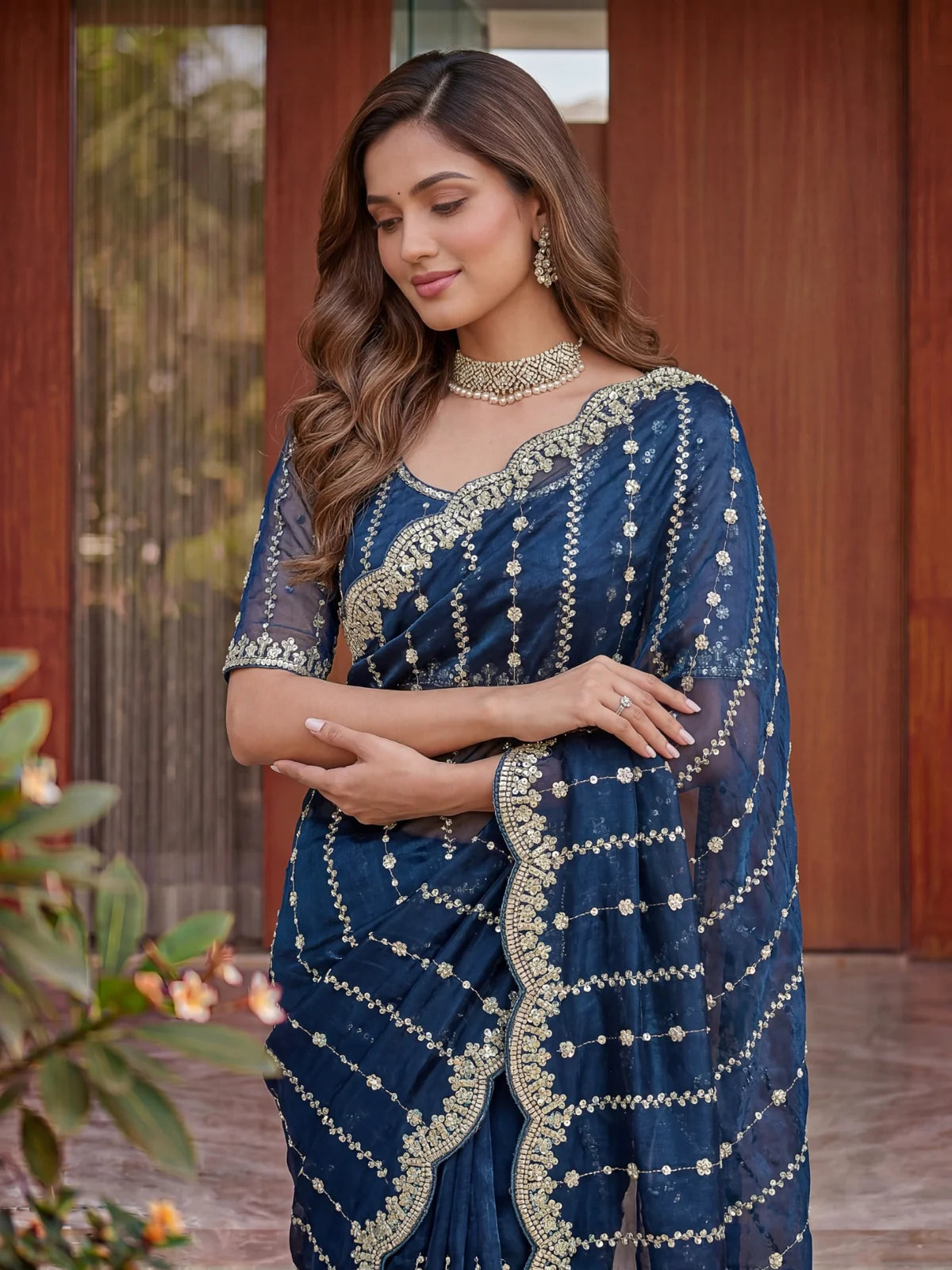 Tarani navy blue Fandy Satin saree upper body view with embroidered blouse Akira