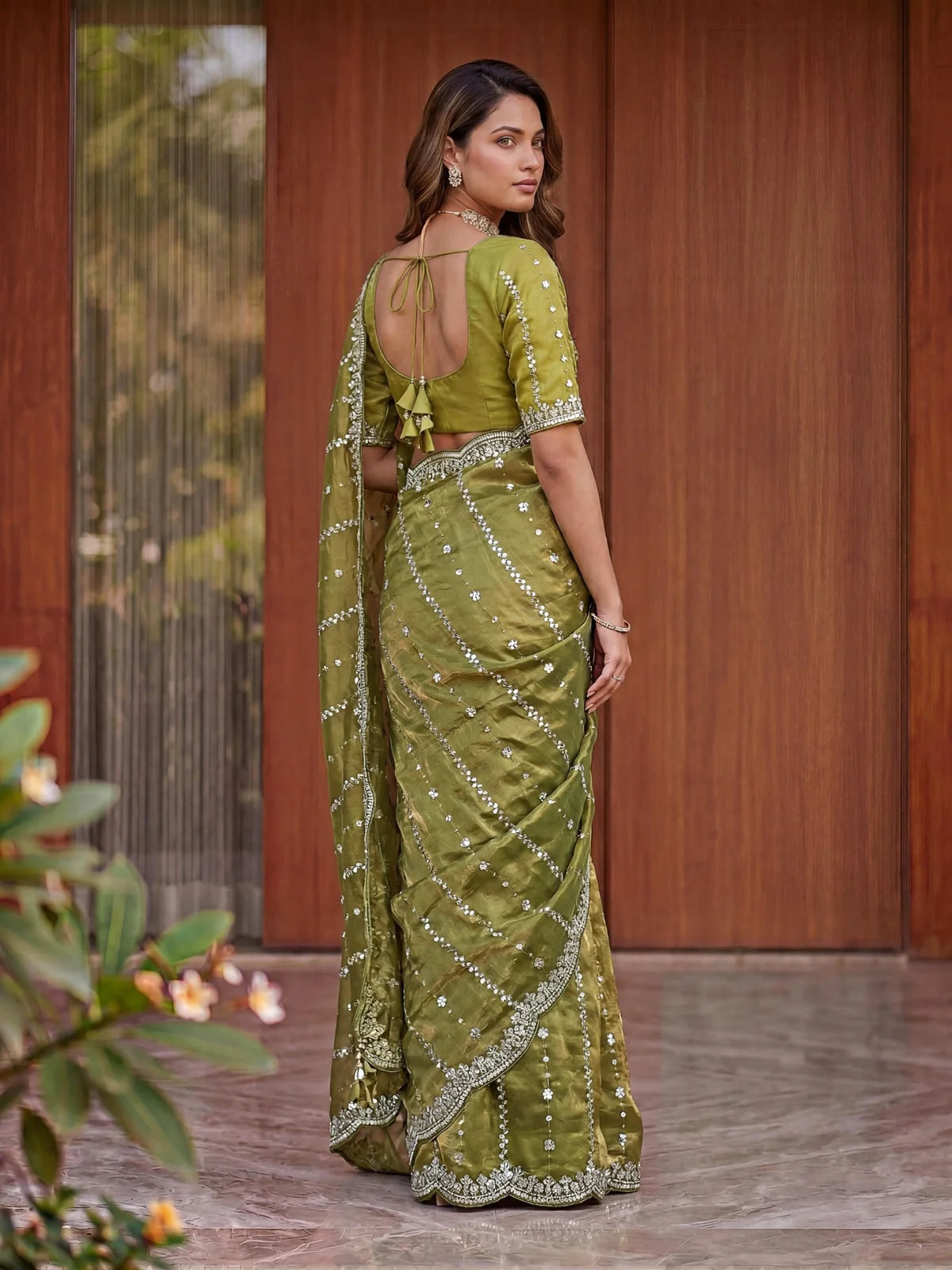 Tarani Shaila olive green Fandy Satin saree back blouse design view