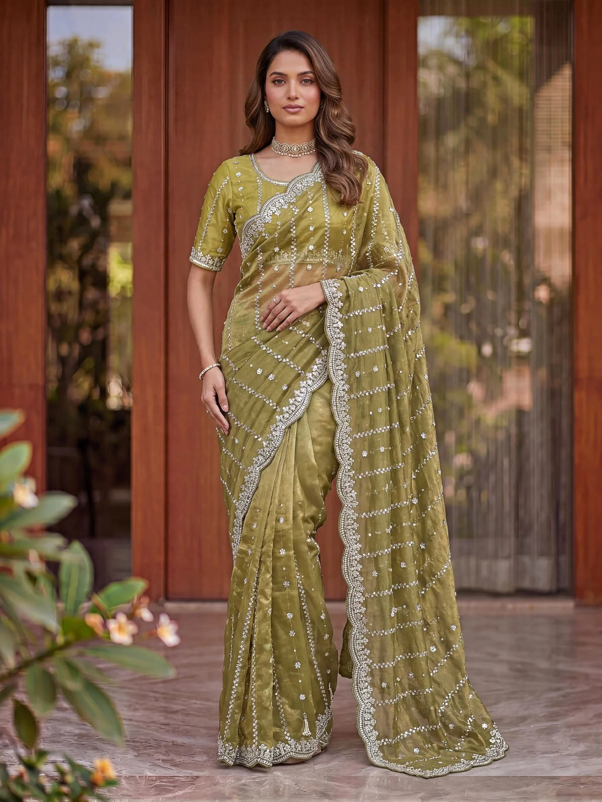 Tarani Shaila olive green Fandy Satin saree full view with beads and sequins embroidery