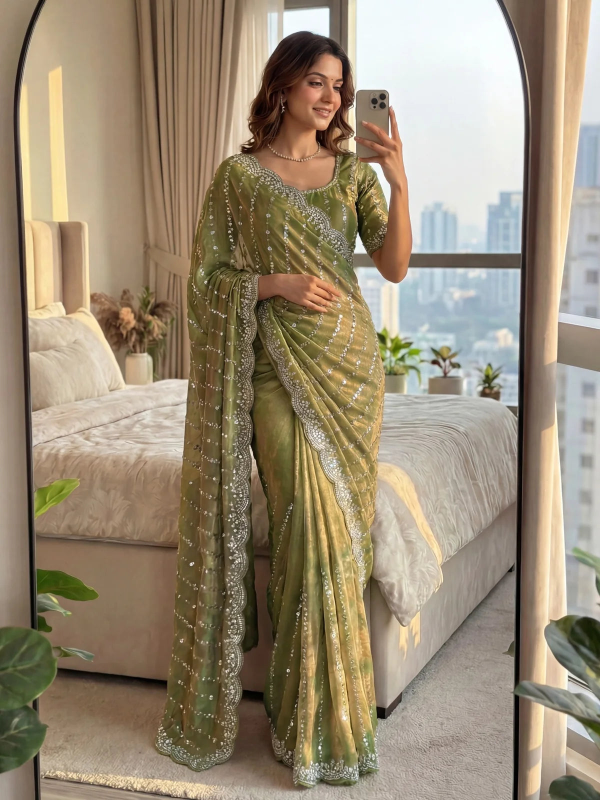 Tarani Shaila olive green Fandy Satin saree mirror style pallu and drape view