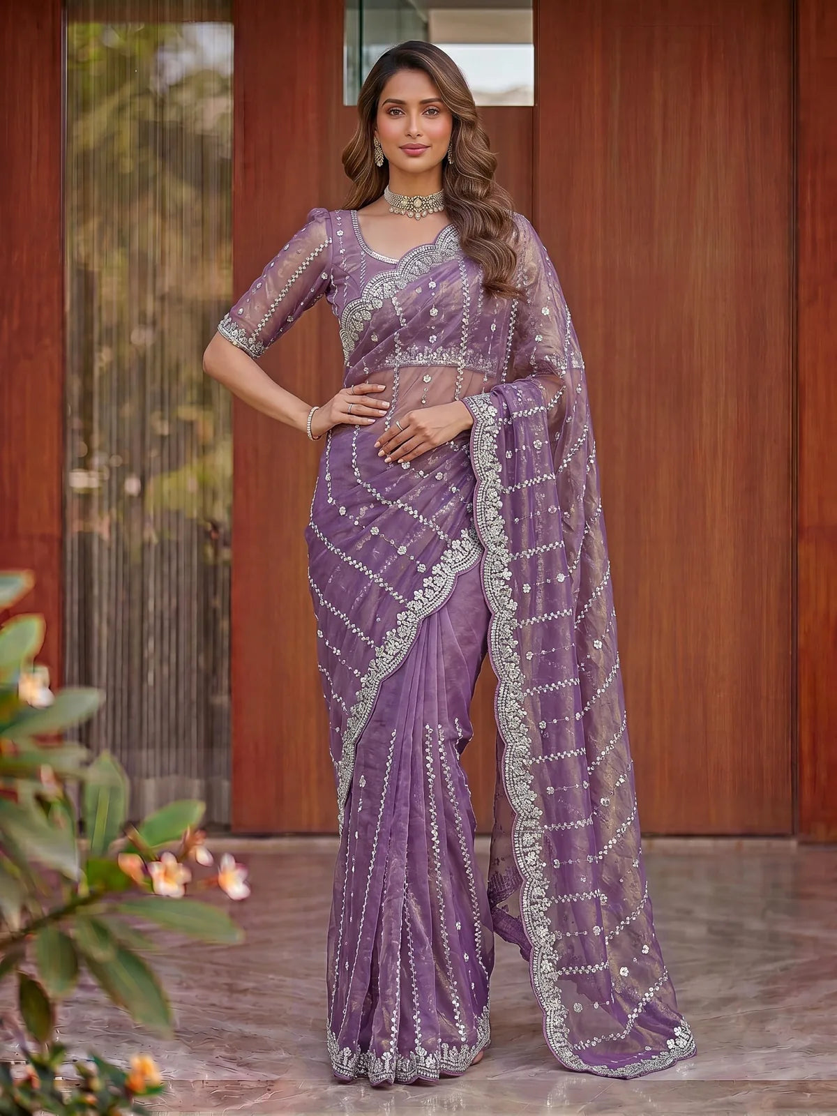 Tarani purple Fandy Satin saree with beads and sequins embroidery front view wedding wear