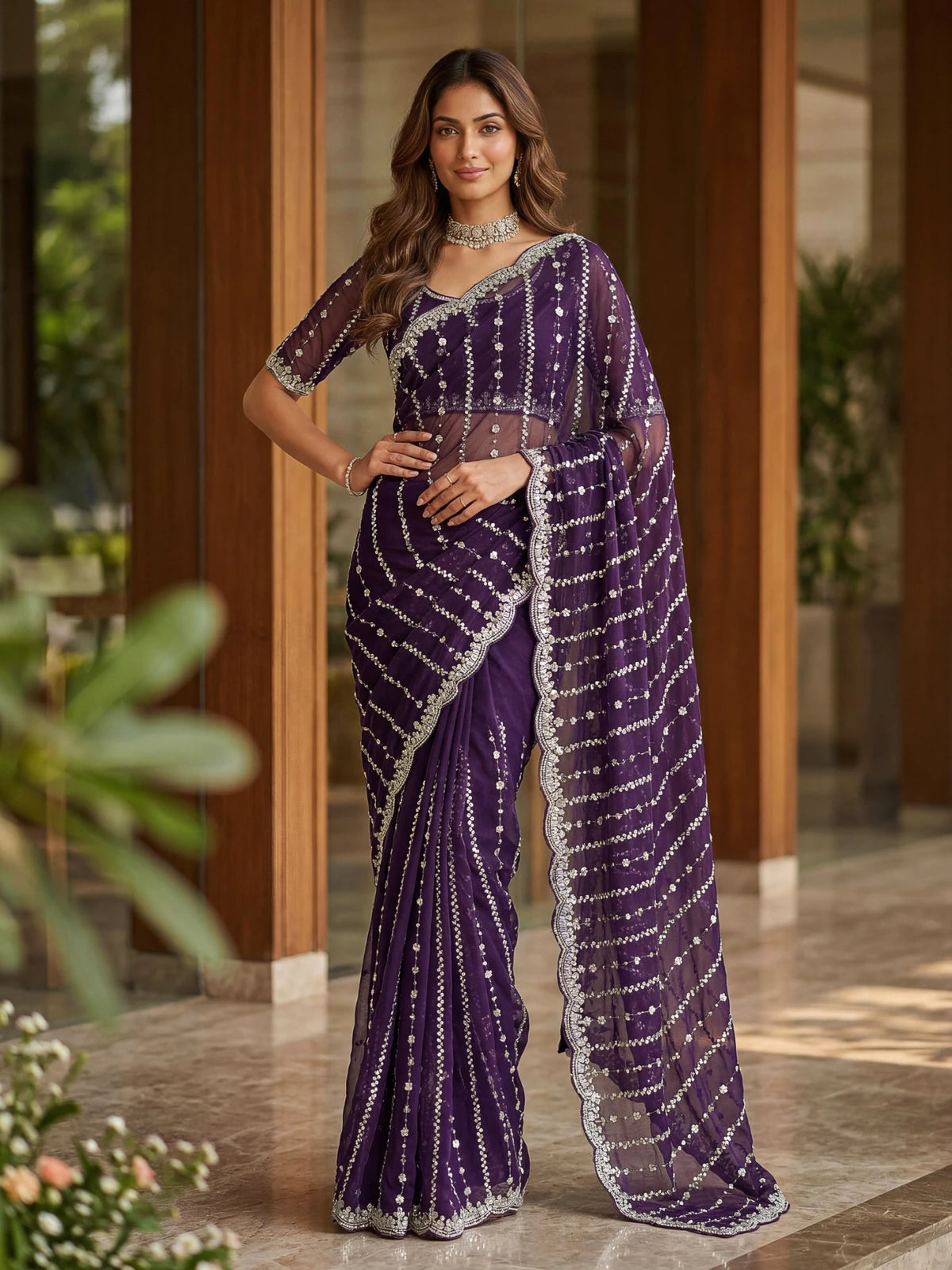 Tarani Sadhika purple wedding saree elegant front pose with embroidered border