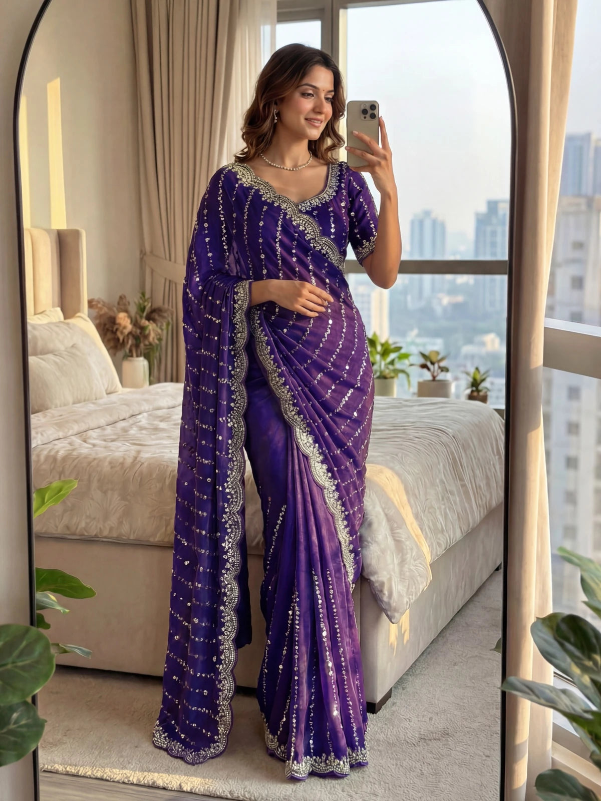 Tarani Sadhika purple saree mirror style side view with detailed embroidery