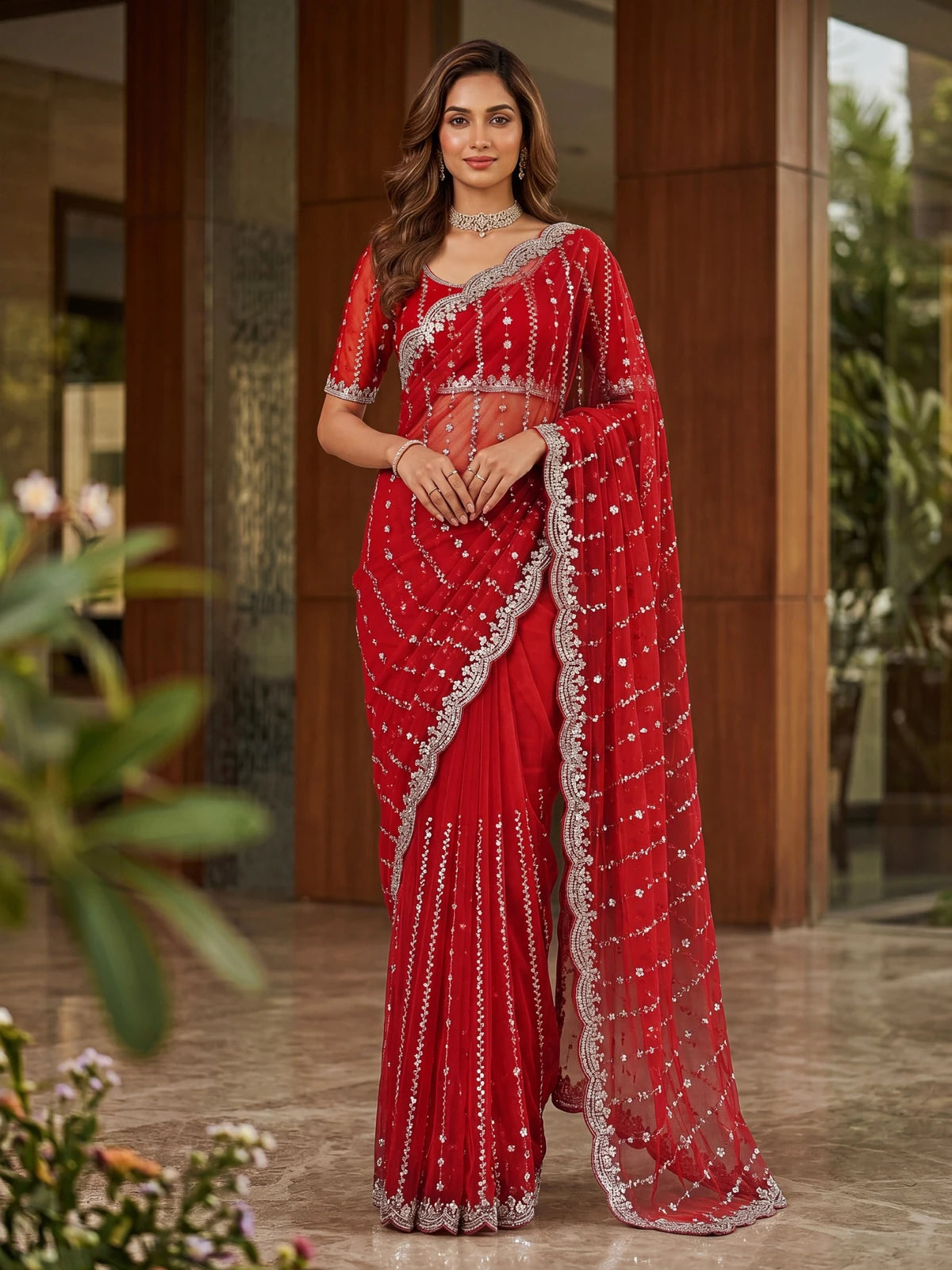 Tarani Raima red Fandy Satin saree with beads and sequins embroidery full front view wedding wear