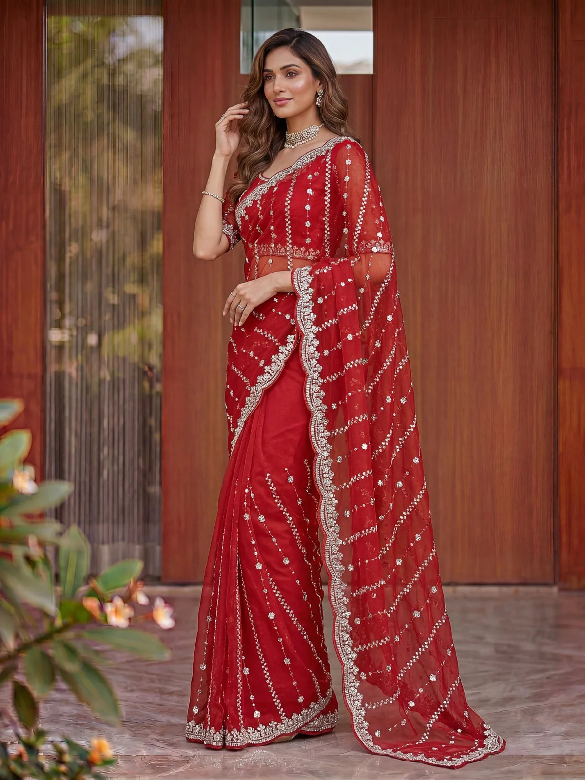 Tarani Raima red Fandy Satin saree side pose showing sequins work and pallu detailing