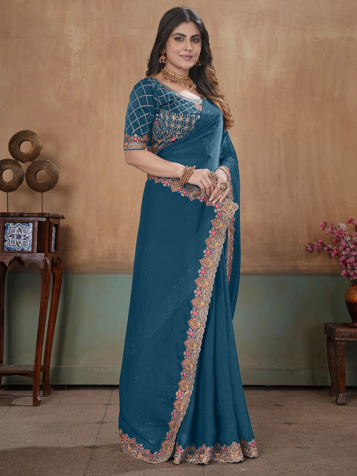 Tarani teal Fandy Satin embroidered saree front pose with border